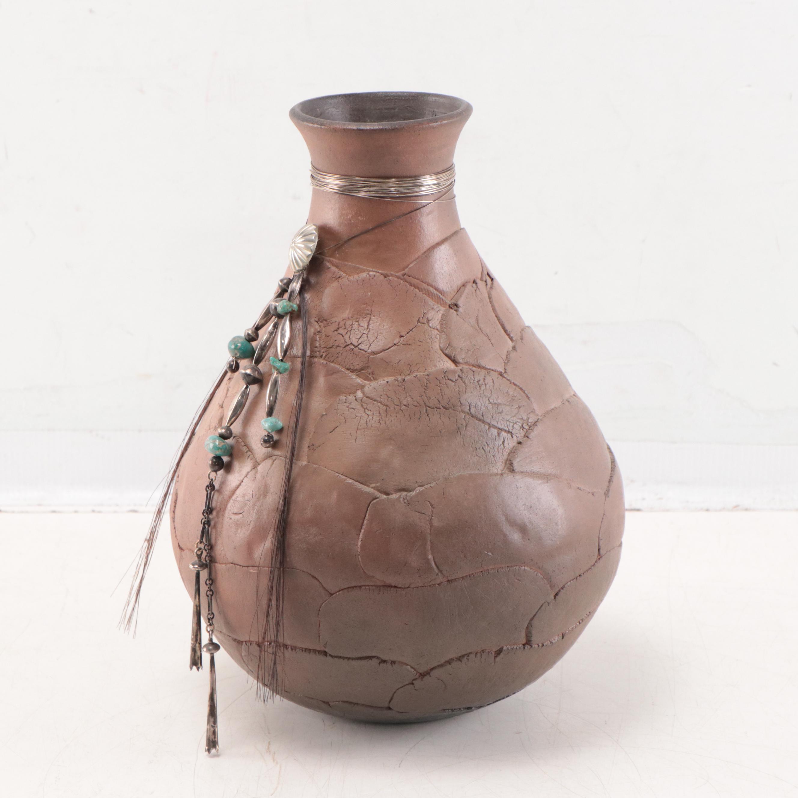 Caroline Kenner Southwestern Style Earthenware Vase With Turquoise Beads, 1992