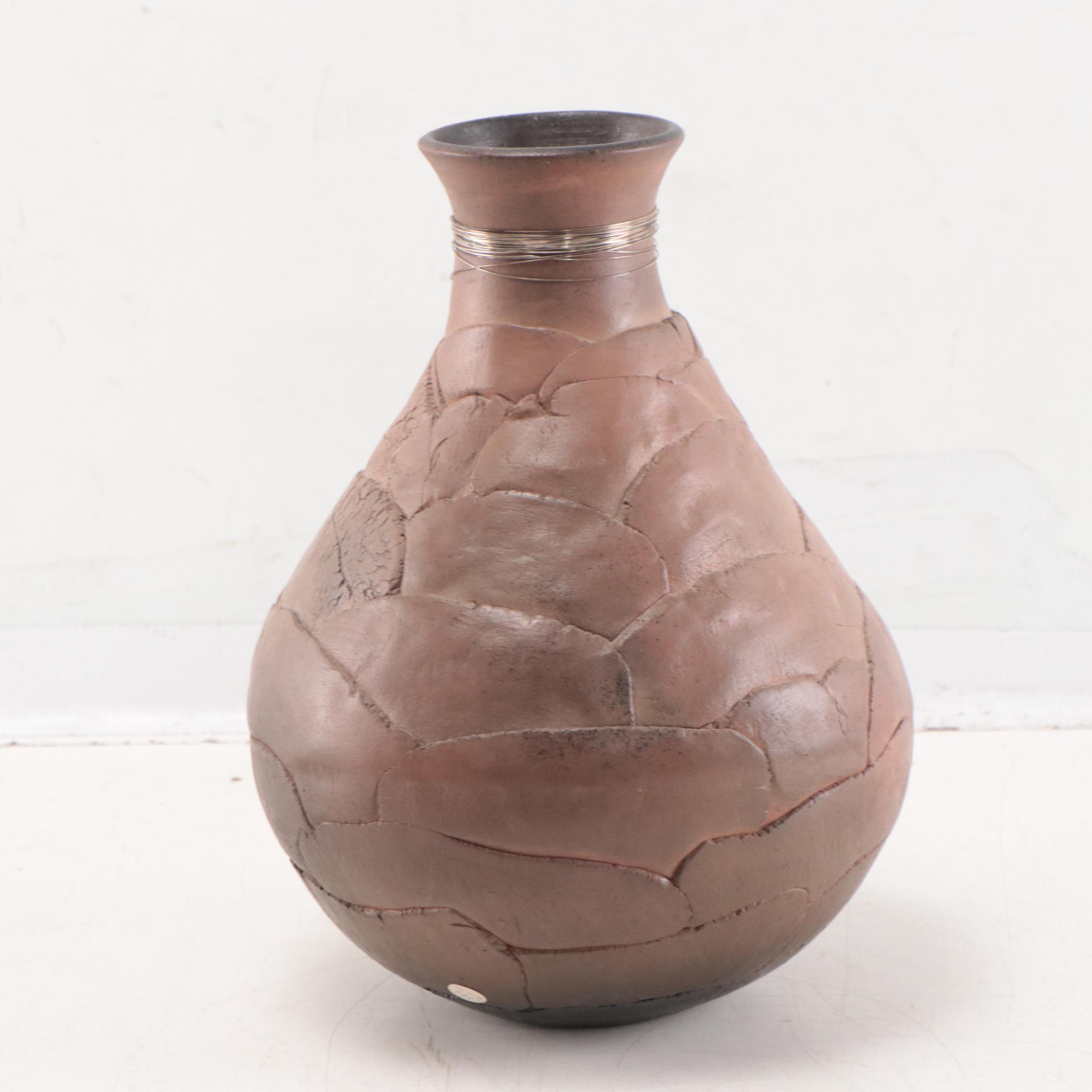 Caroline Kenner Southwestern Style Earthenware Vase With Turquoise Beads, 1992