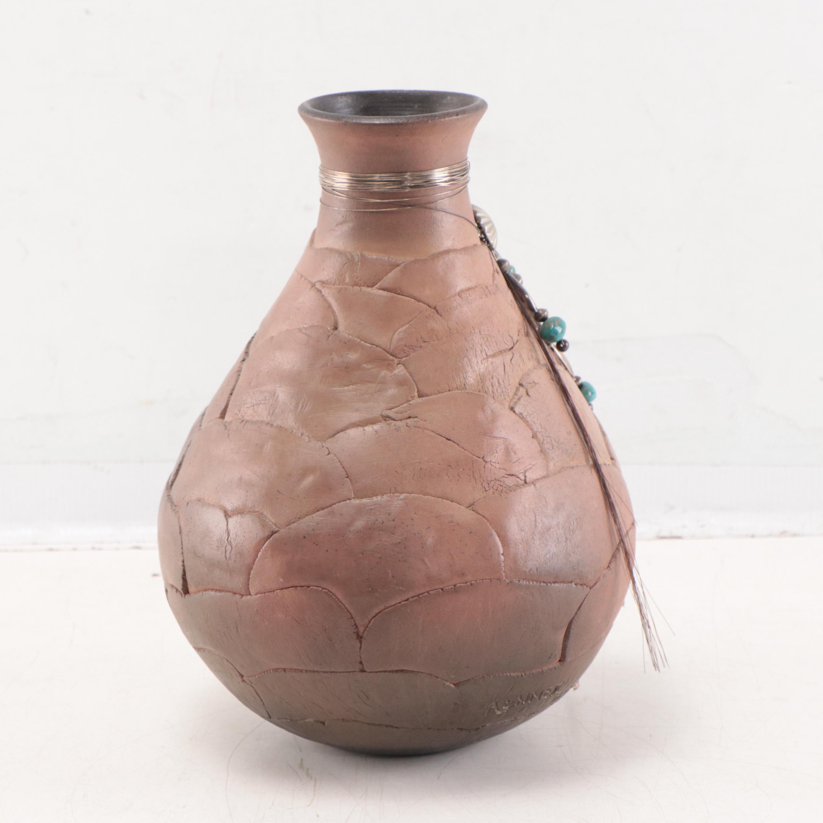 Caroline Kenner Southwestern Style Earthenware Vase With Turquoise Beads, 1992