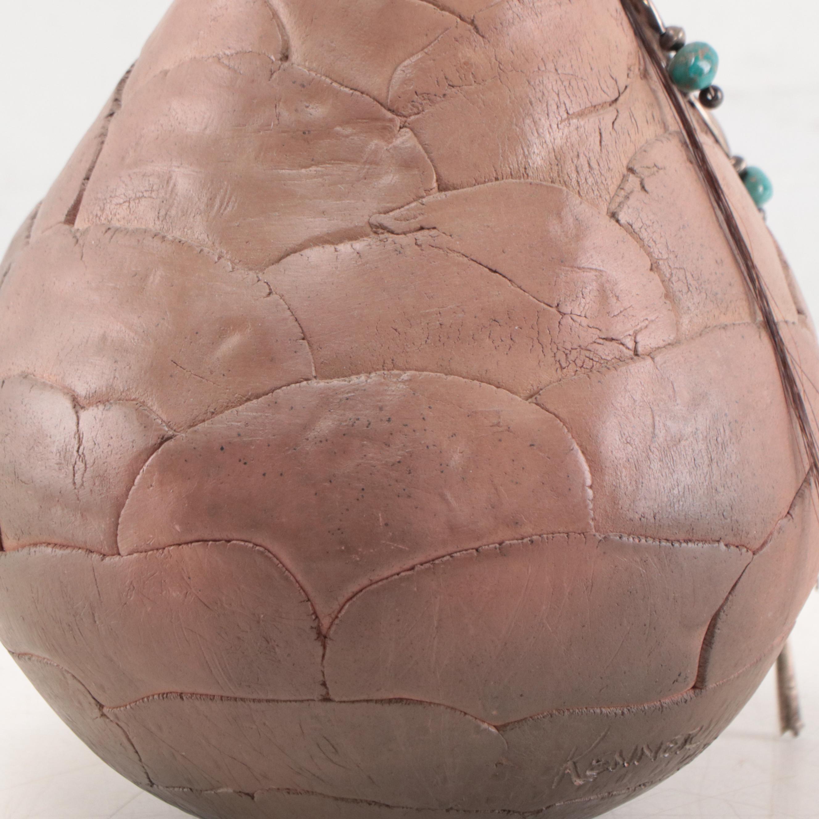 Caroline Kenner Southwestern Style Earthenware Vase With Turquoise Beads, 1992