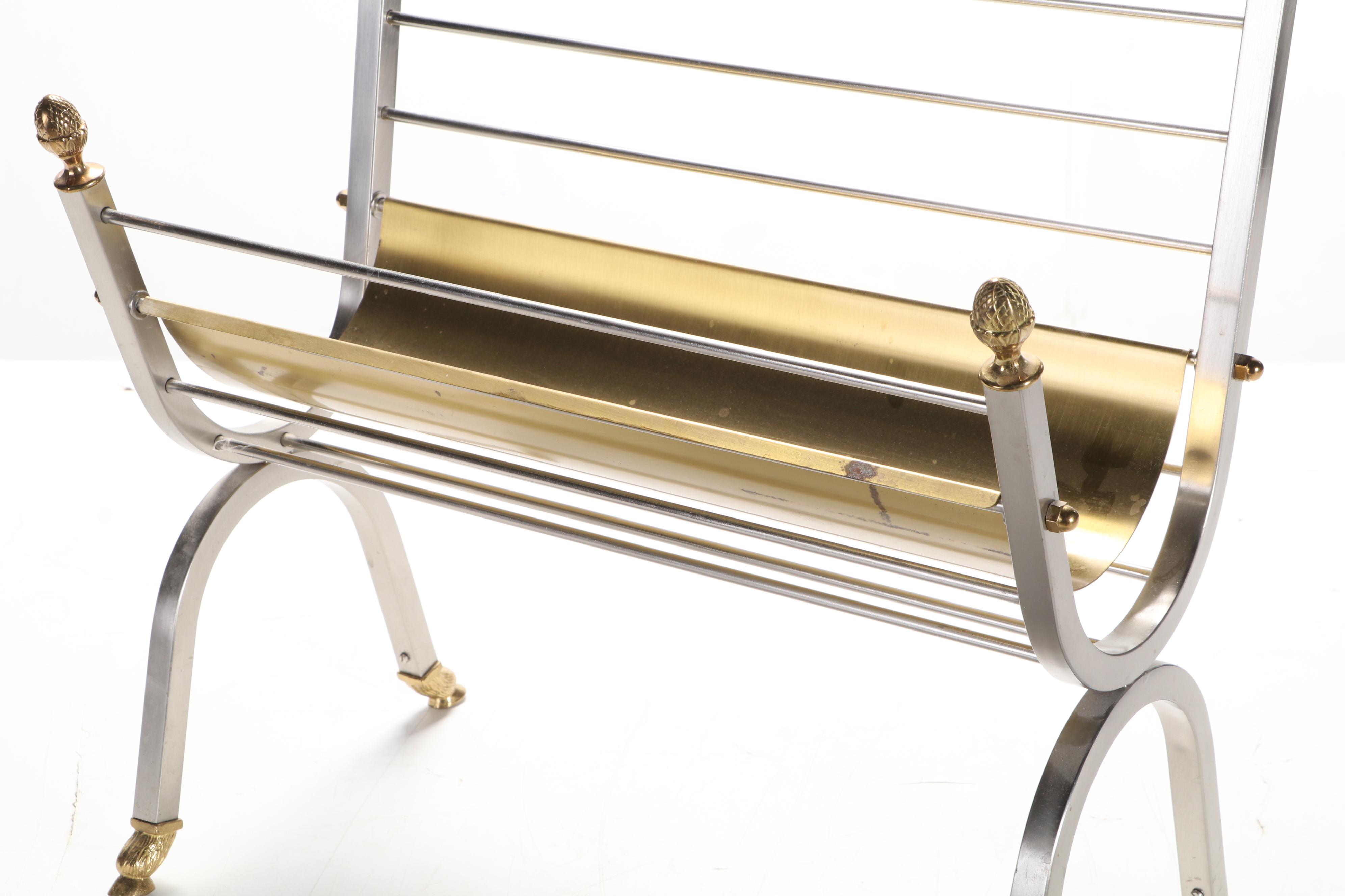 Italian Maison Jansen Style Brass and Steel Rams Head Magazine Rack, 1970s