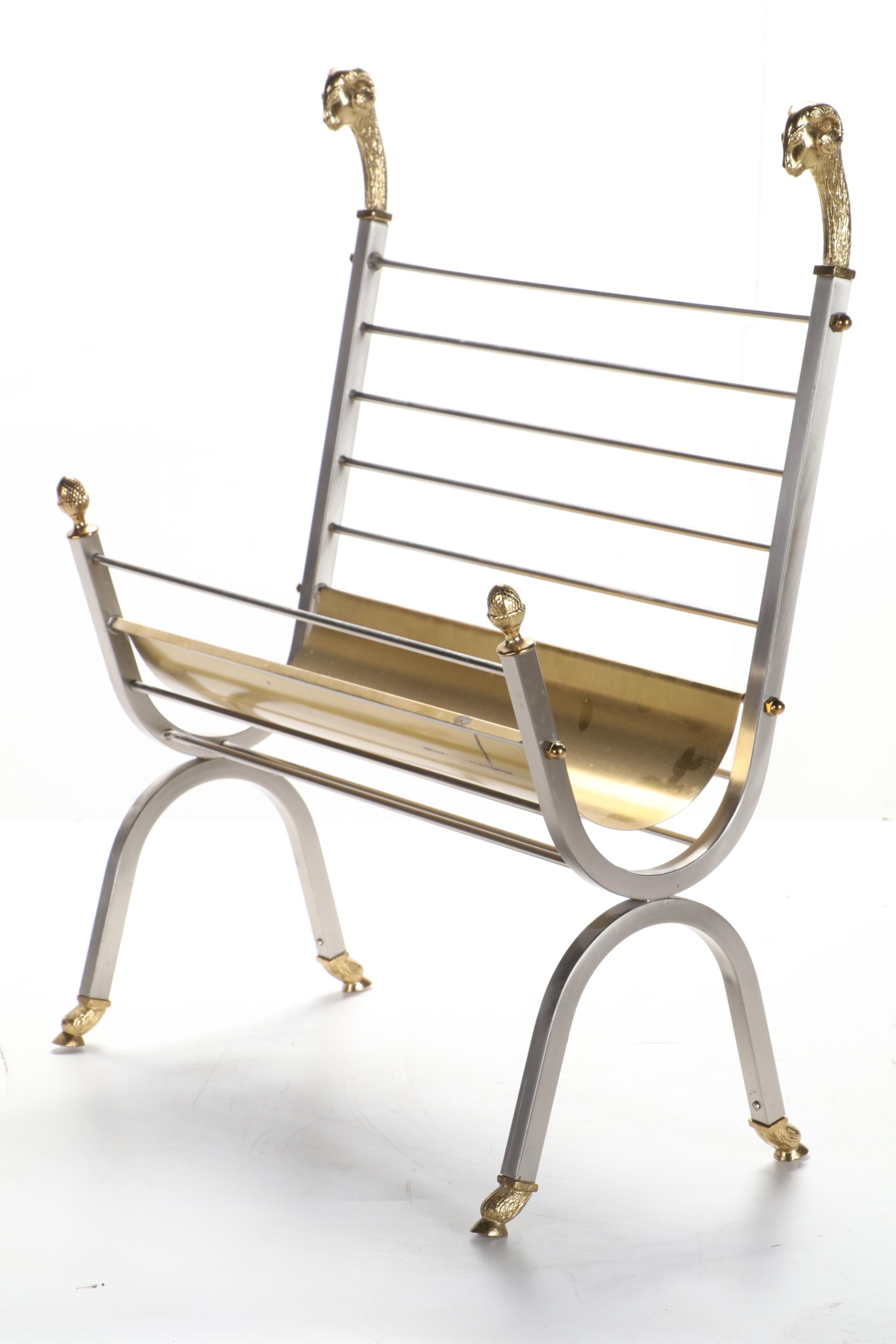 Italian Maison Jansen Style Brass and Steel Rams Head Magazine Rack, 1970s