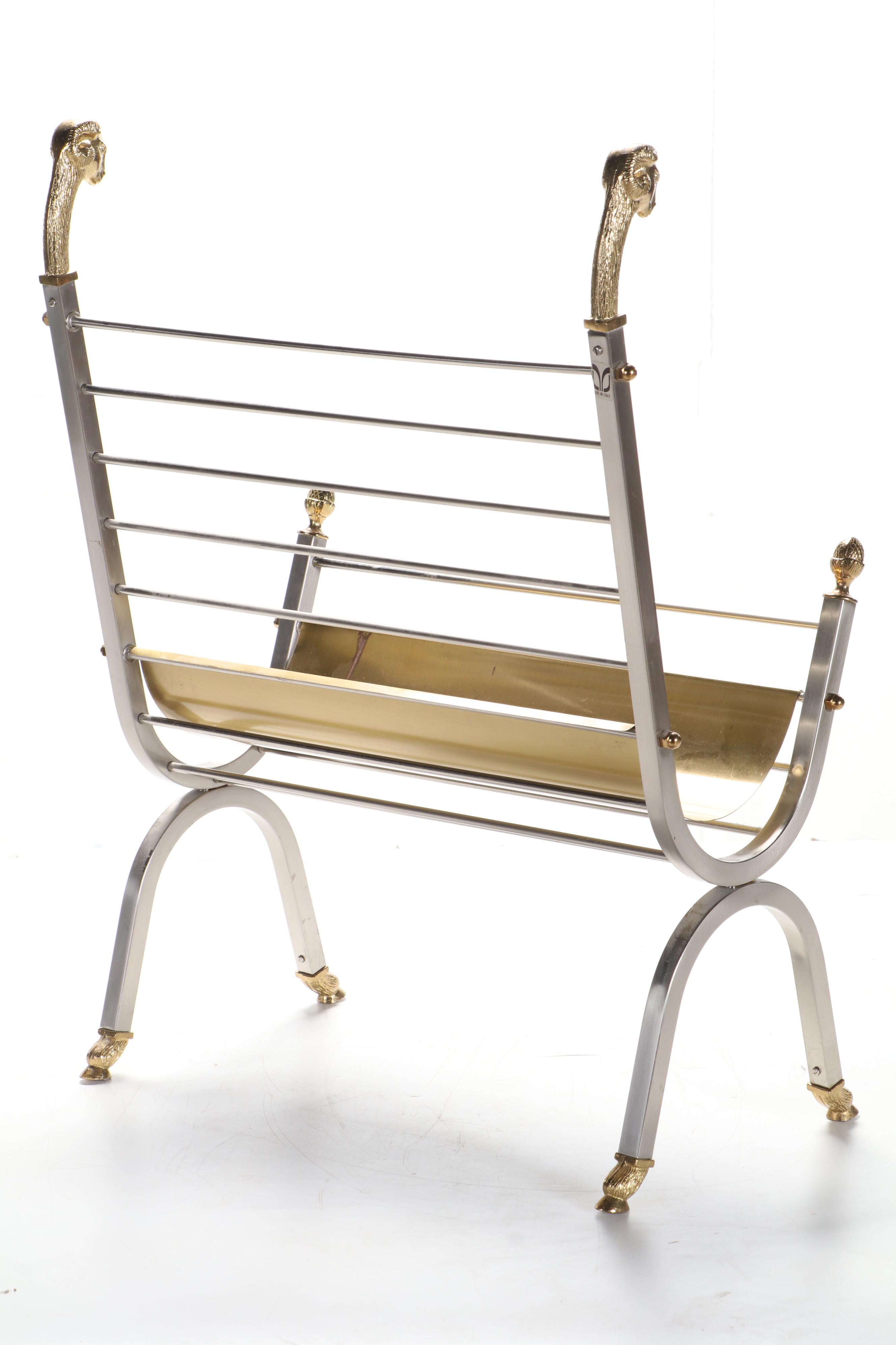 Italian Maison Jansen Style Brass and Steel Rams Head Magazine Rack, 1970s