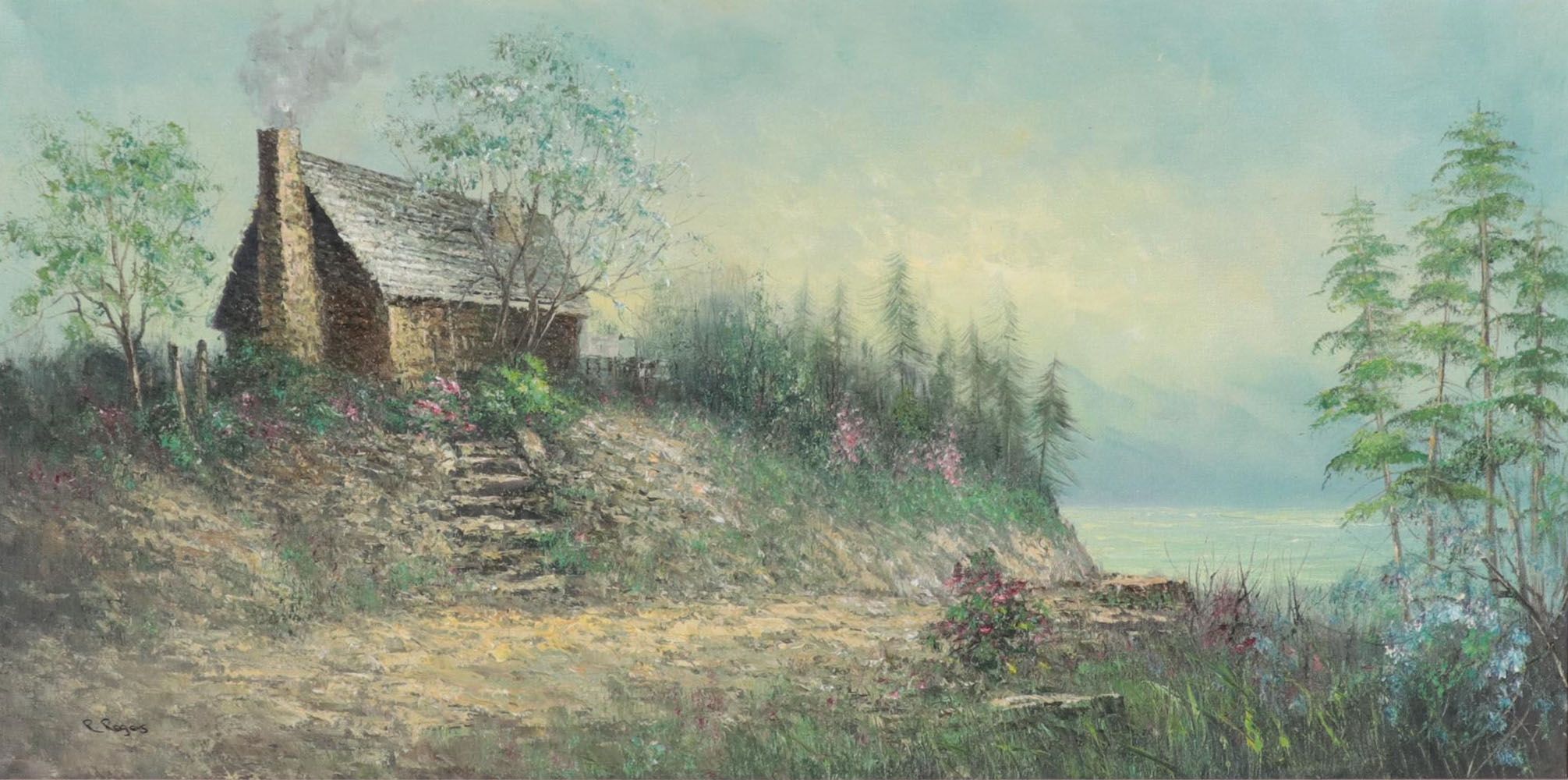 R. Rogers Impressionist Style Oil Painting of Cottage