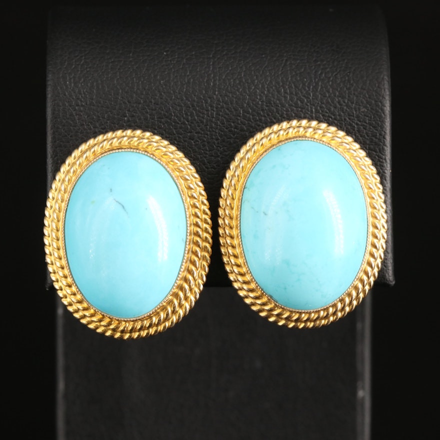 14K Turquoise Button Earrings with Double Rope Frame