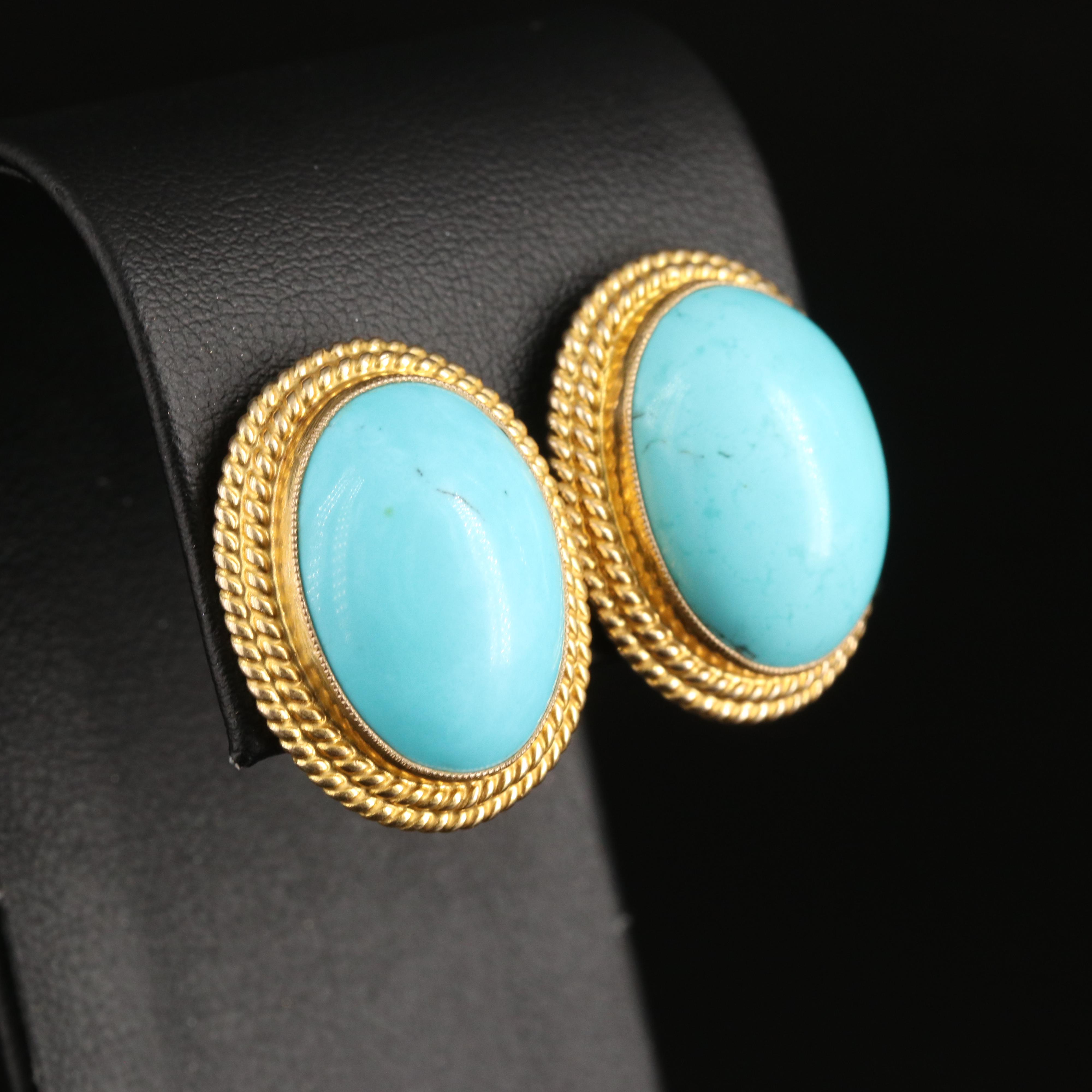 14K Turquoise Button Earrings with Double Rope Frame