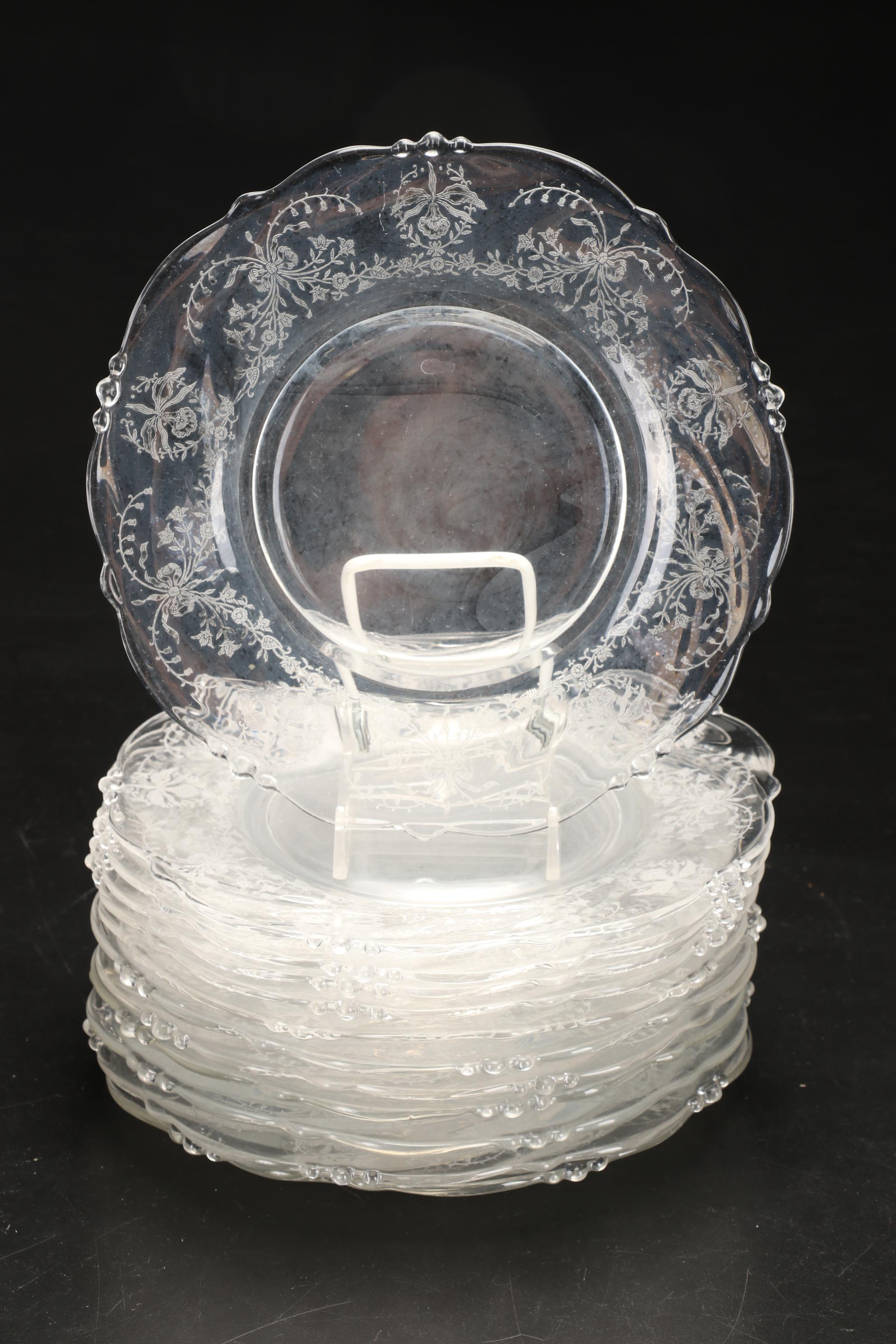 Heisey "Orchid" Needle Etched Plates with Hammered Aluminum and Other Tableware