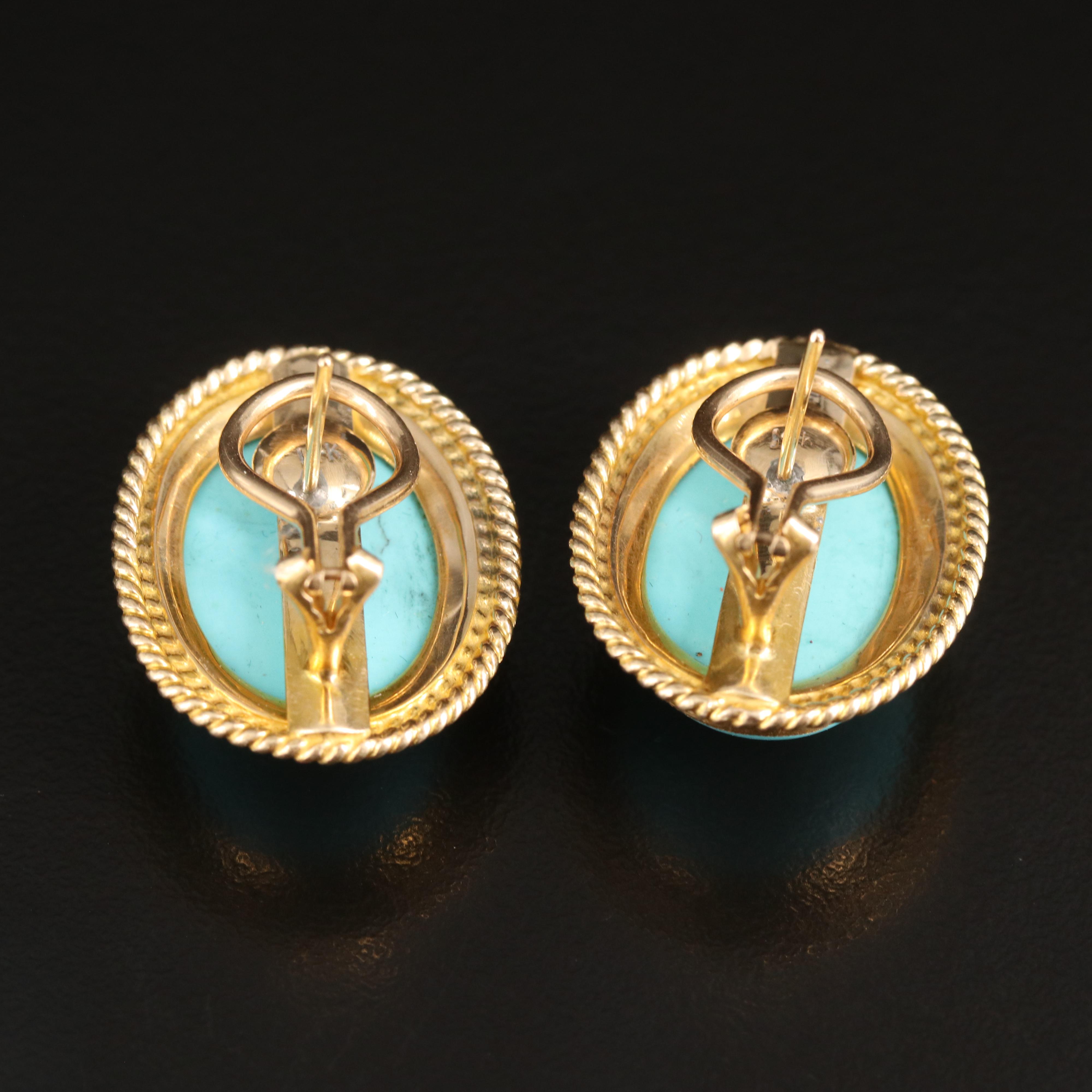 14K Turquoise Button Earrings with Double Rope Frame