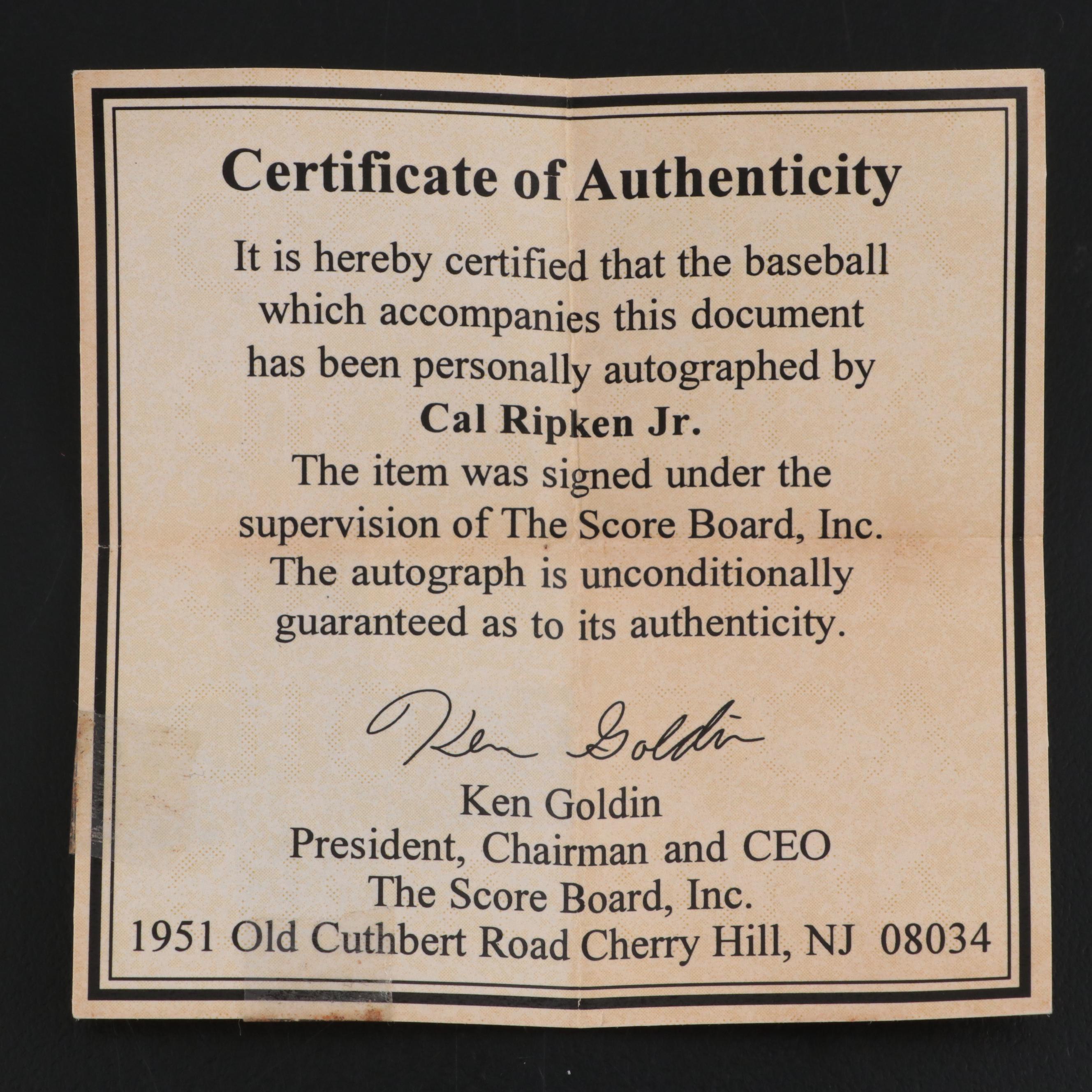 Ripken Jr. Signed Rawlings Baseball on "All-Time Consecutive Games Leader" Stand