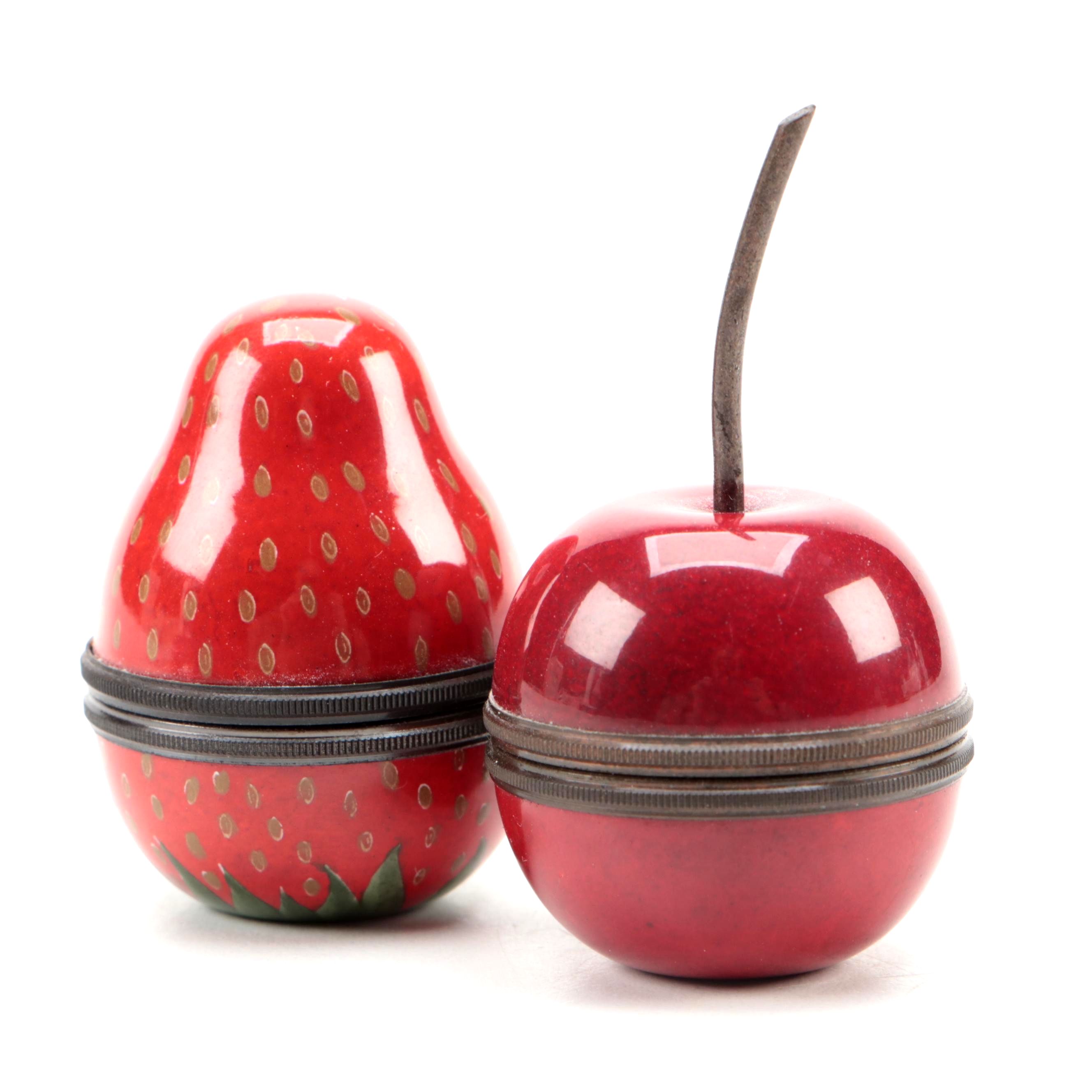 Halcyon Days Strawberry and Cherry Enameled Copper Trinket Boxes