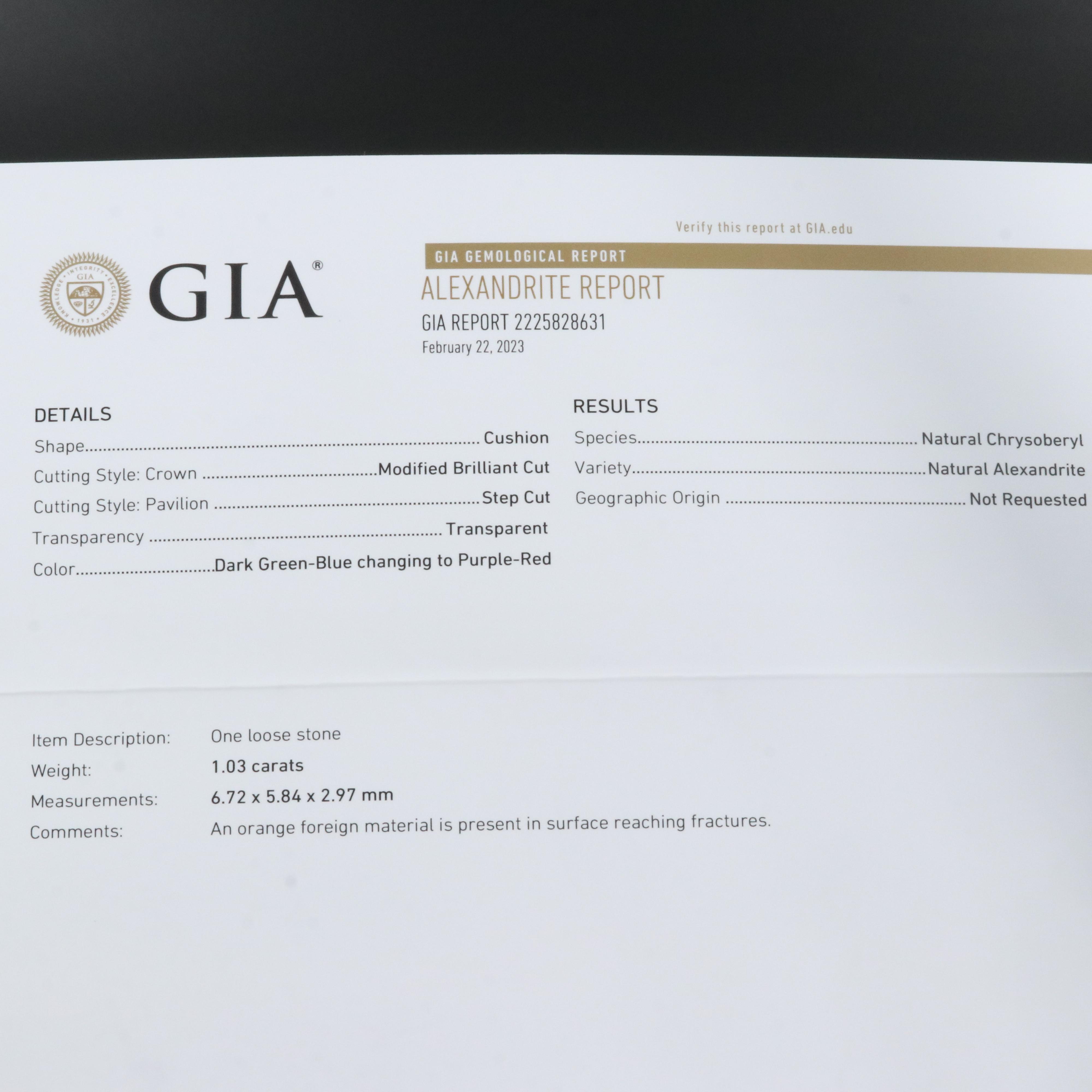 Jeff Cooper 18K 1.03 CT Alexandrite and Diamond Ring with GIA Report