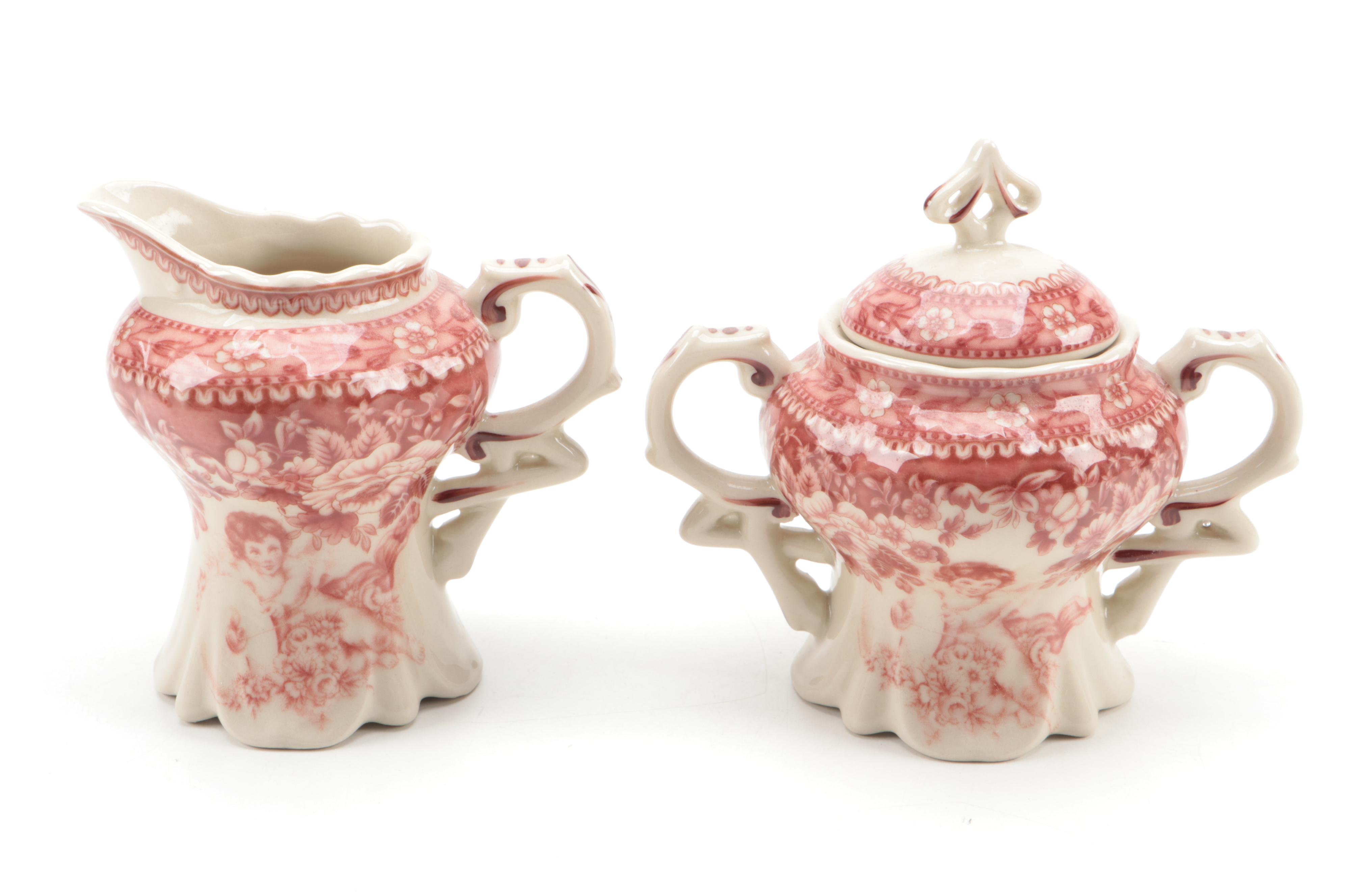 Victoriaware Pink Transferware Ironstone Tea and Coffee Set with Other Serveware