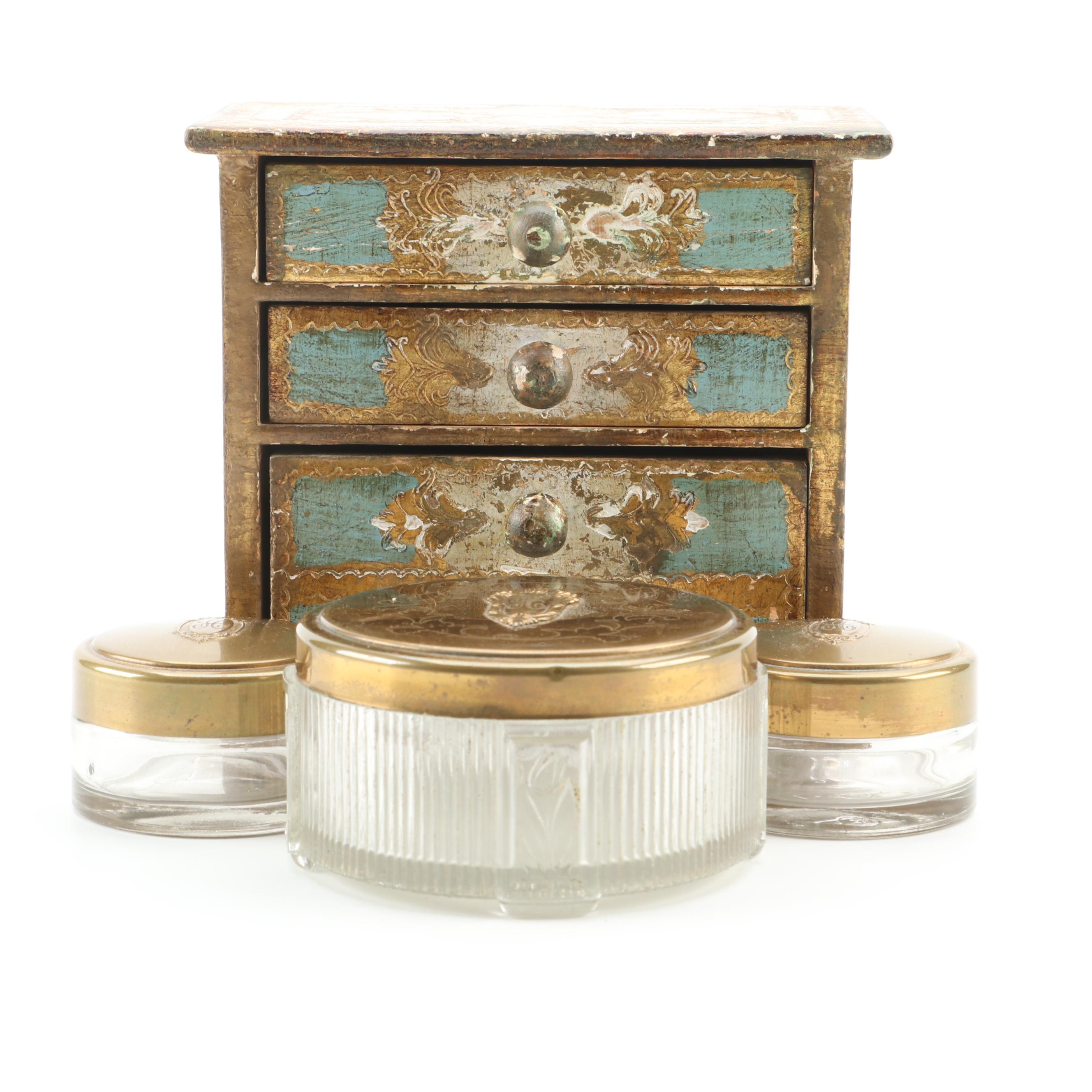 Illinois Glass Company and Other Glass Vanity Boxes with Florentine Wood Chest