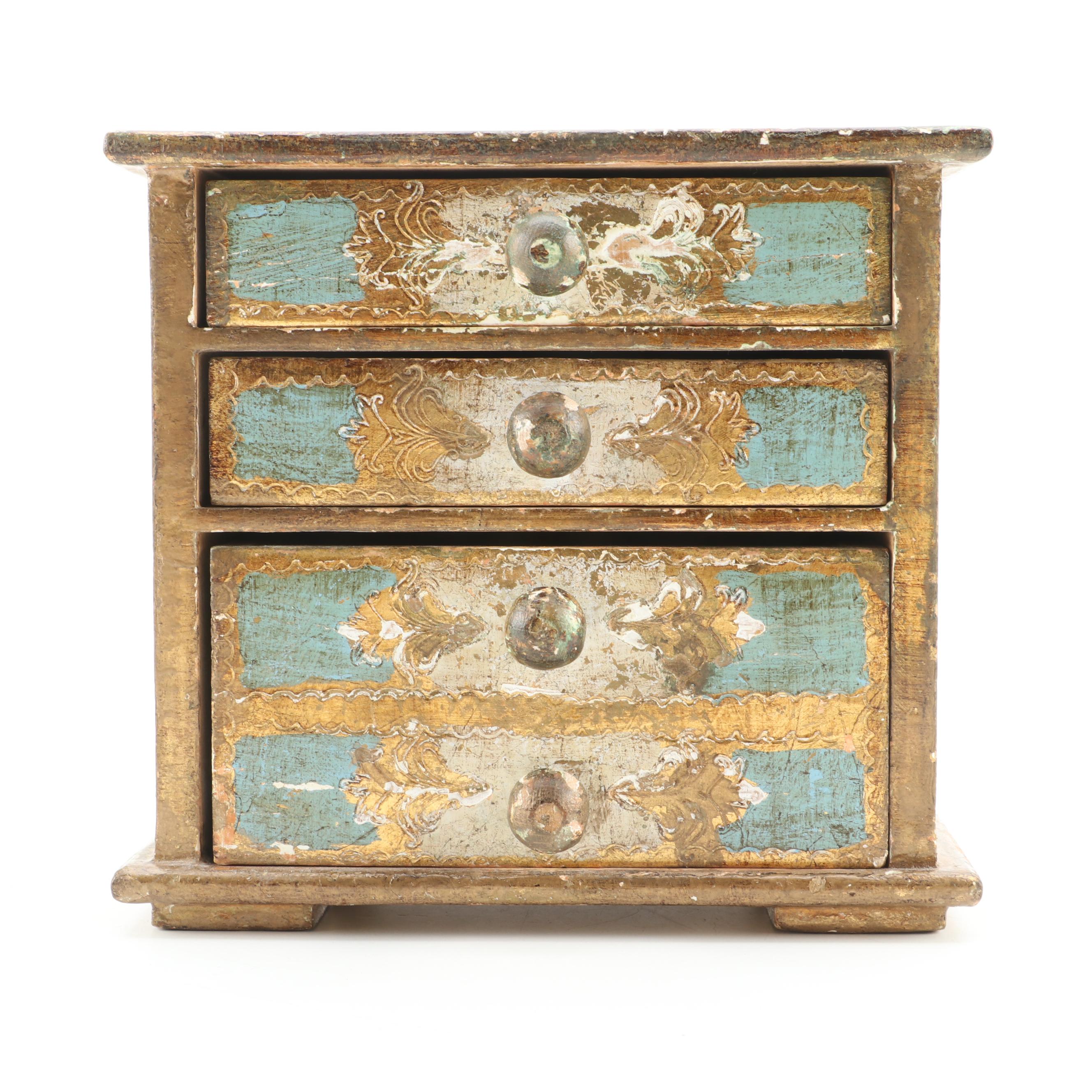 Illinois Glass Company and Other Glass Vanity Boxes with Florentine Wood Chest