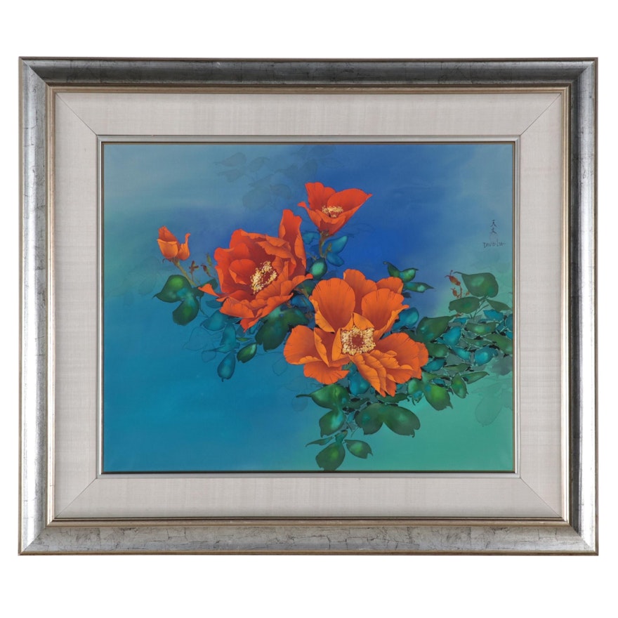 David Lee Silk Painting of Flowers, Late 20th Century