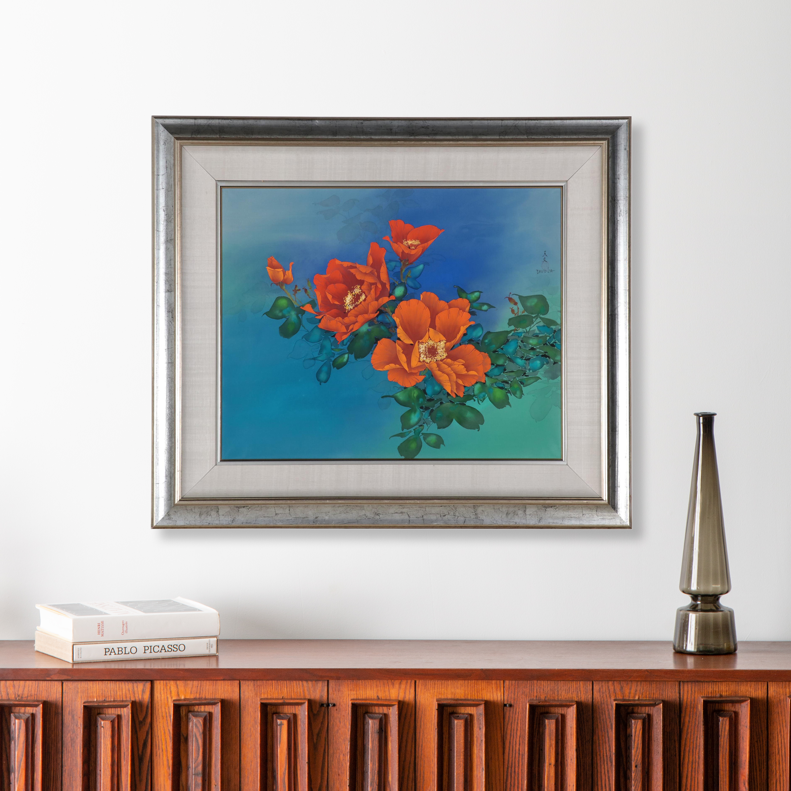 David Lee Silk Painting of Flowers, Late 20th Century
