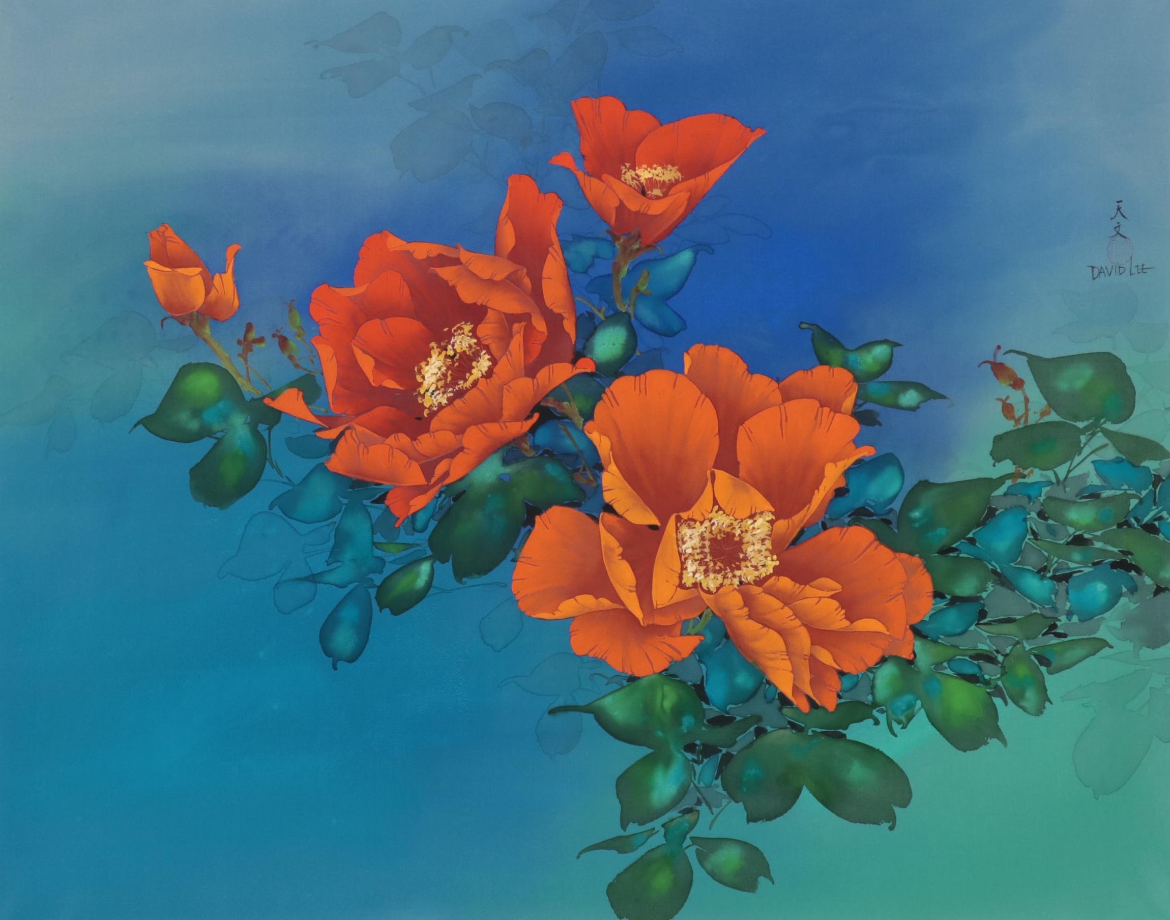 David Lee Silk Painting of Flowers, Late 20th Century
