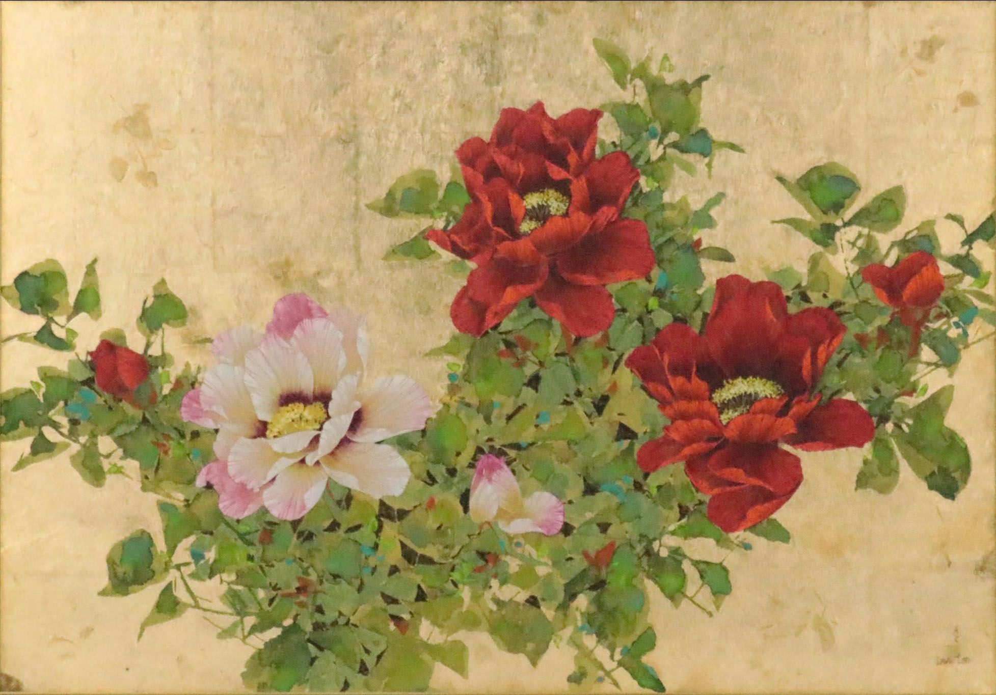 David Lee Embellished Watercolor Painting of Flowers, Late 20th Century