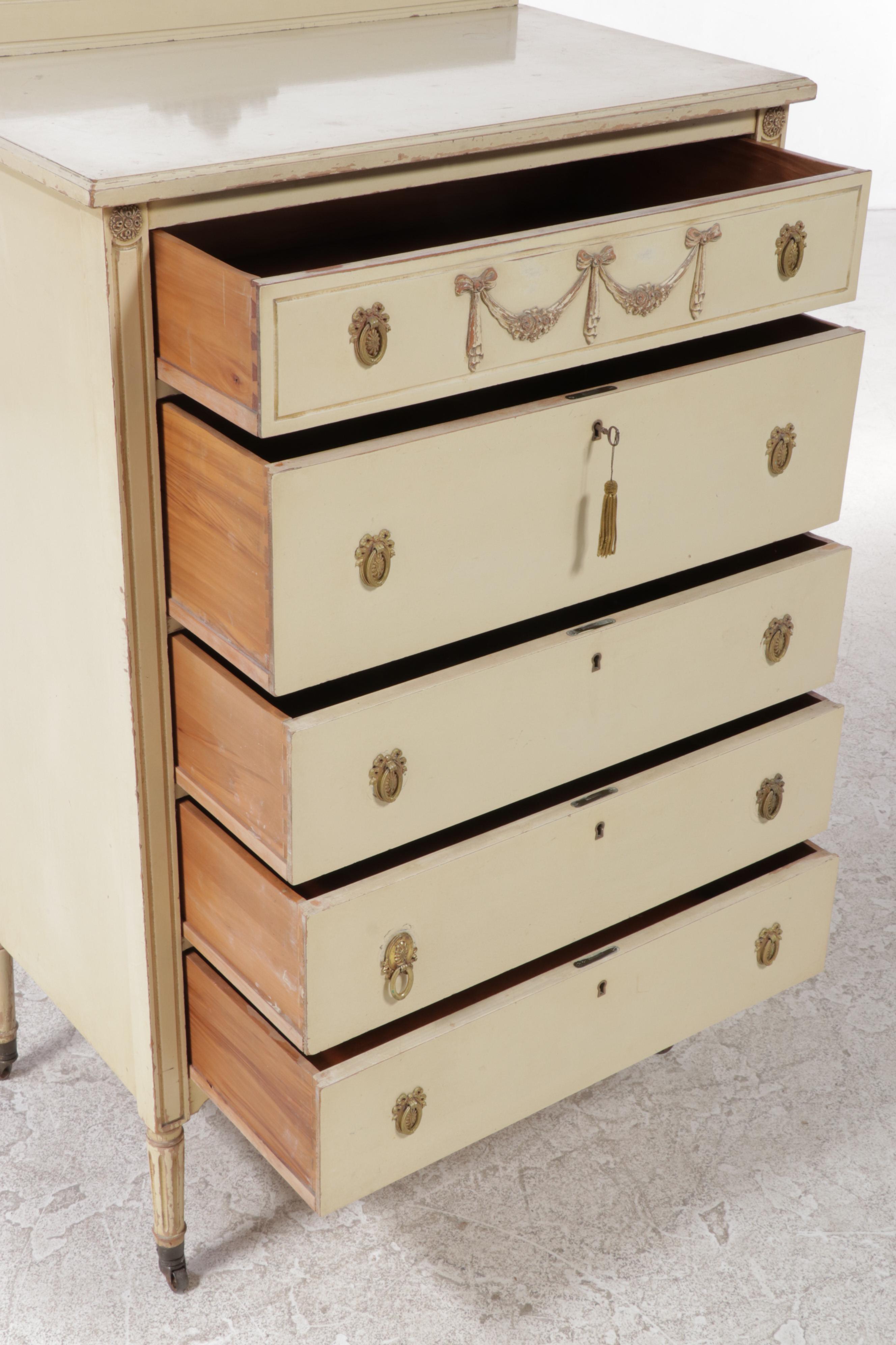 Louis XVI Style Cream-Painted Dresser with Mirror