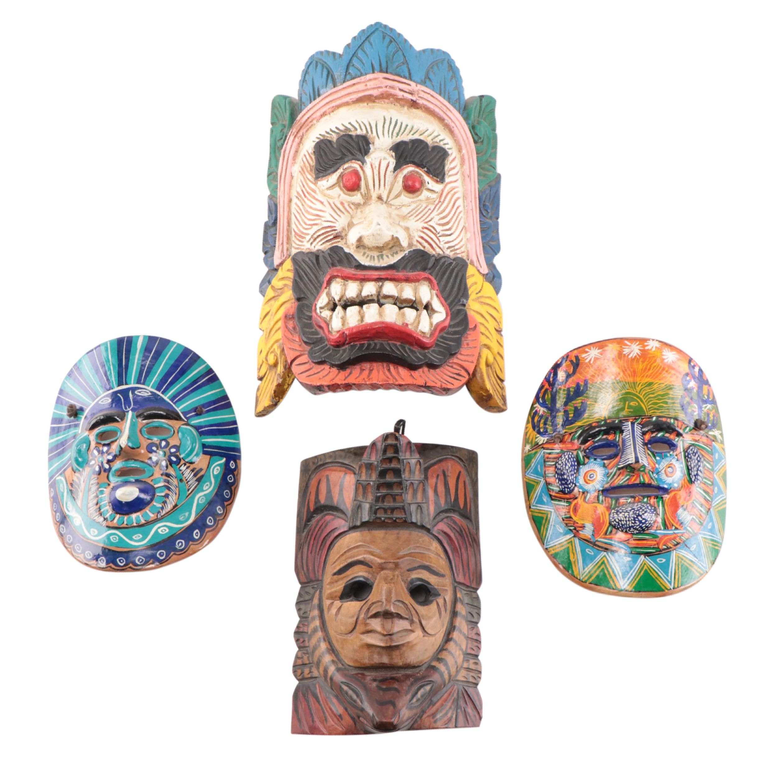Mexican and Indonesian Carved Wood and Ceramic Masks