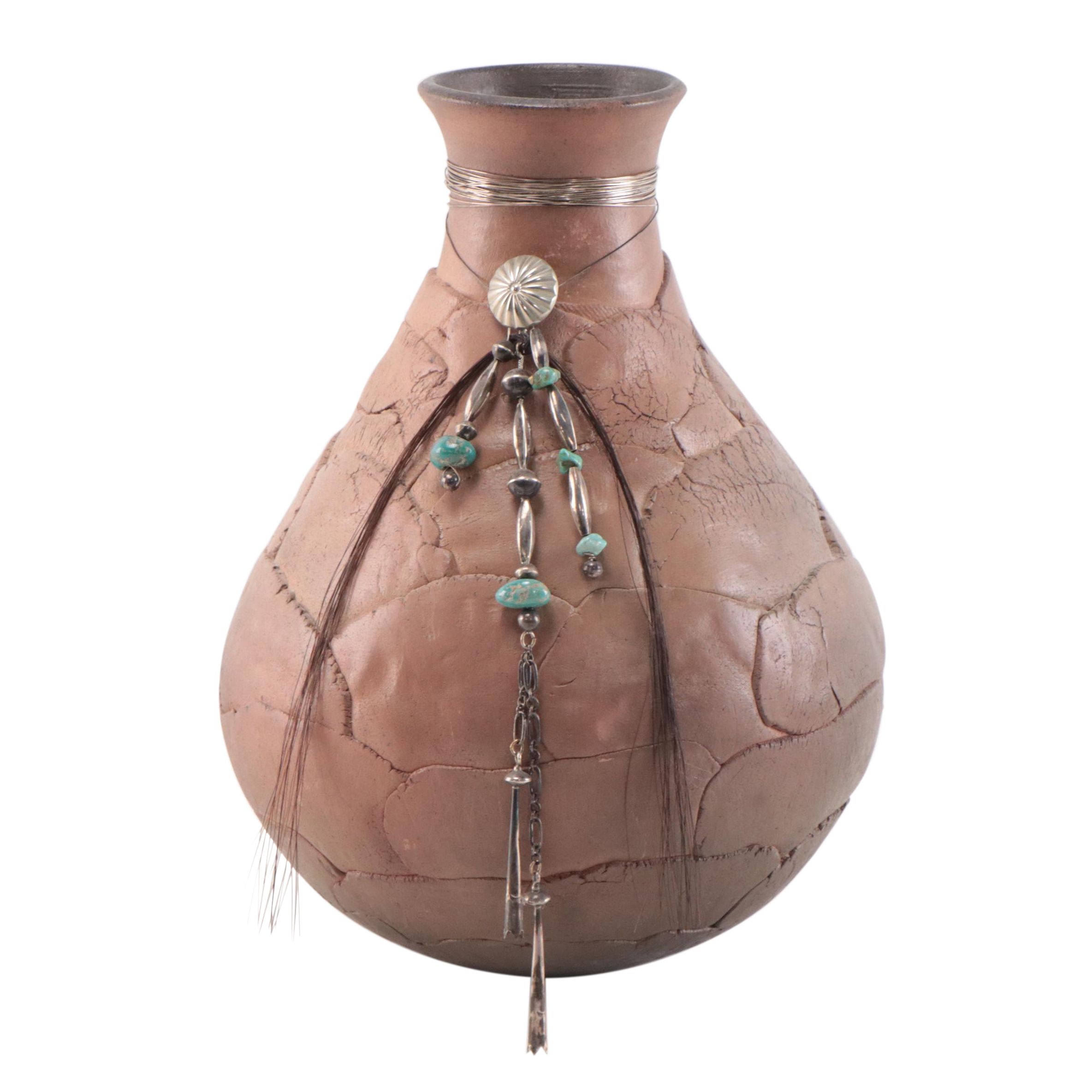 Caroline Kenner Southwestern Style Earthenware Vase With Turquoise Beads, 1992