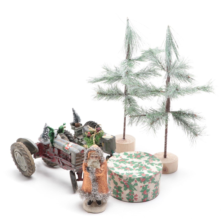 Diecast Tractors with Bottle Brush Trees and Other Christmas Décor