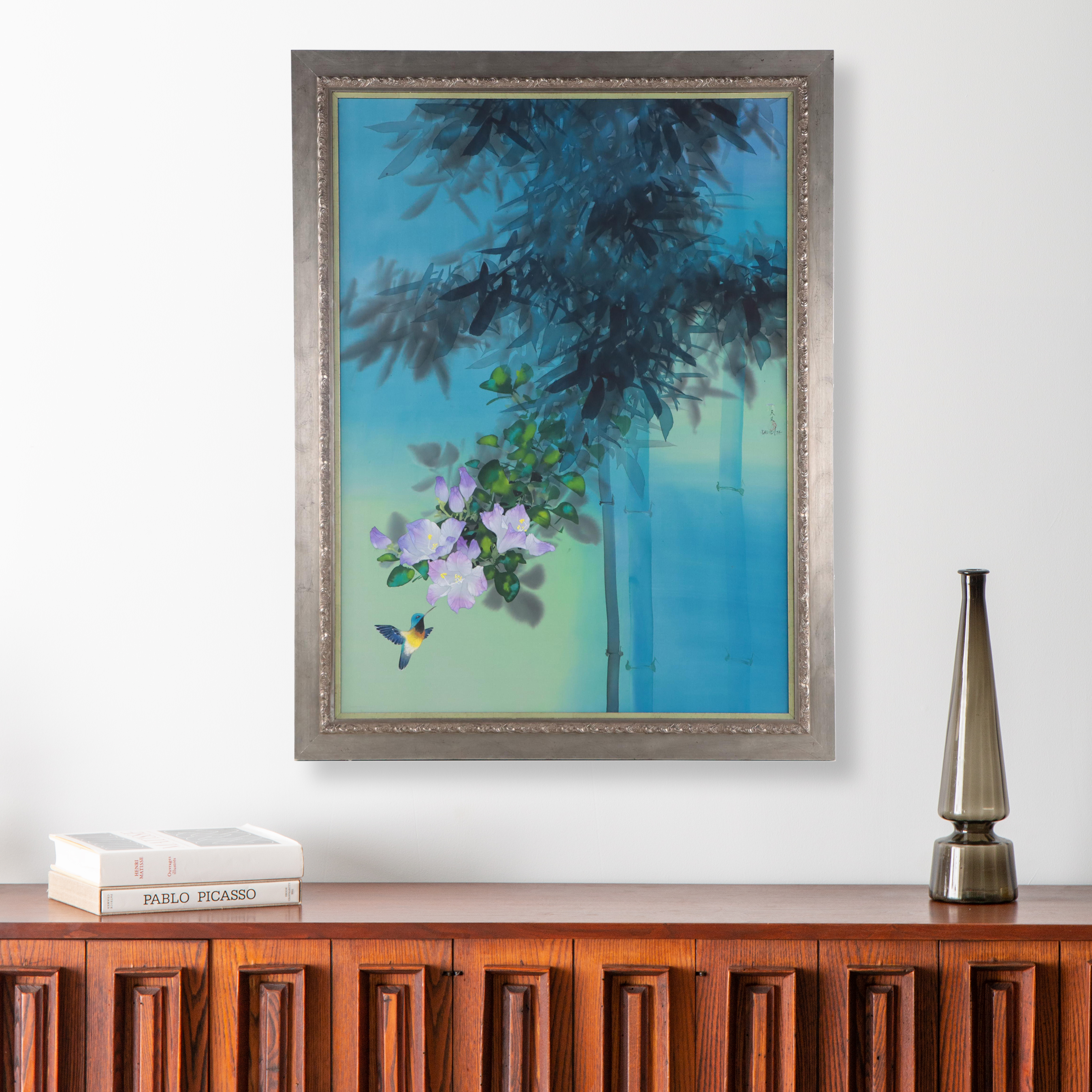 David Lee Watercolor Painting of Blossoming Tree and Hummingbird