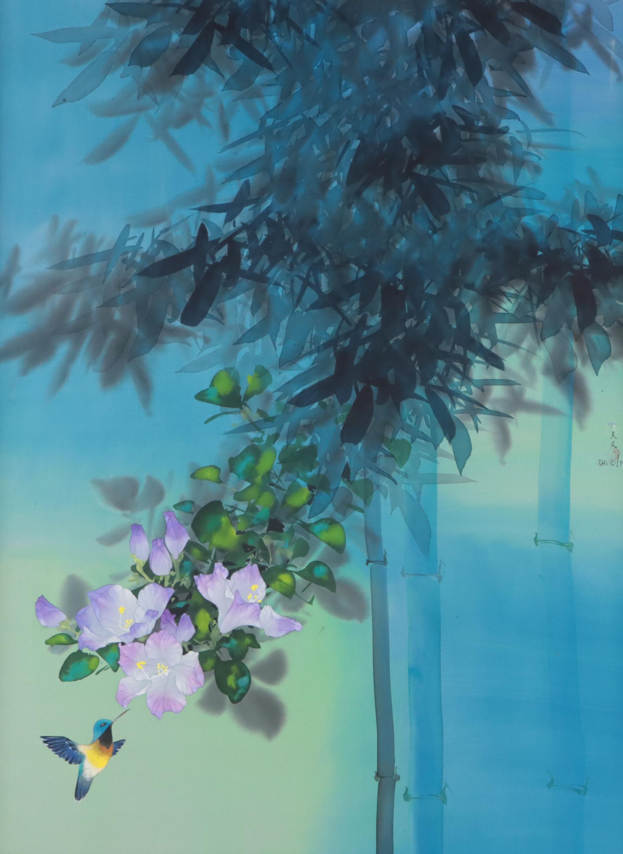 David Lee Watercolor Painting of Blossoming Tree and Hummingbird