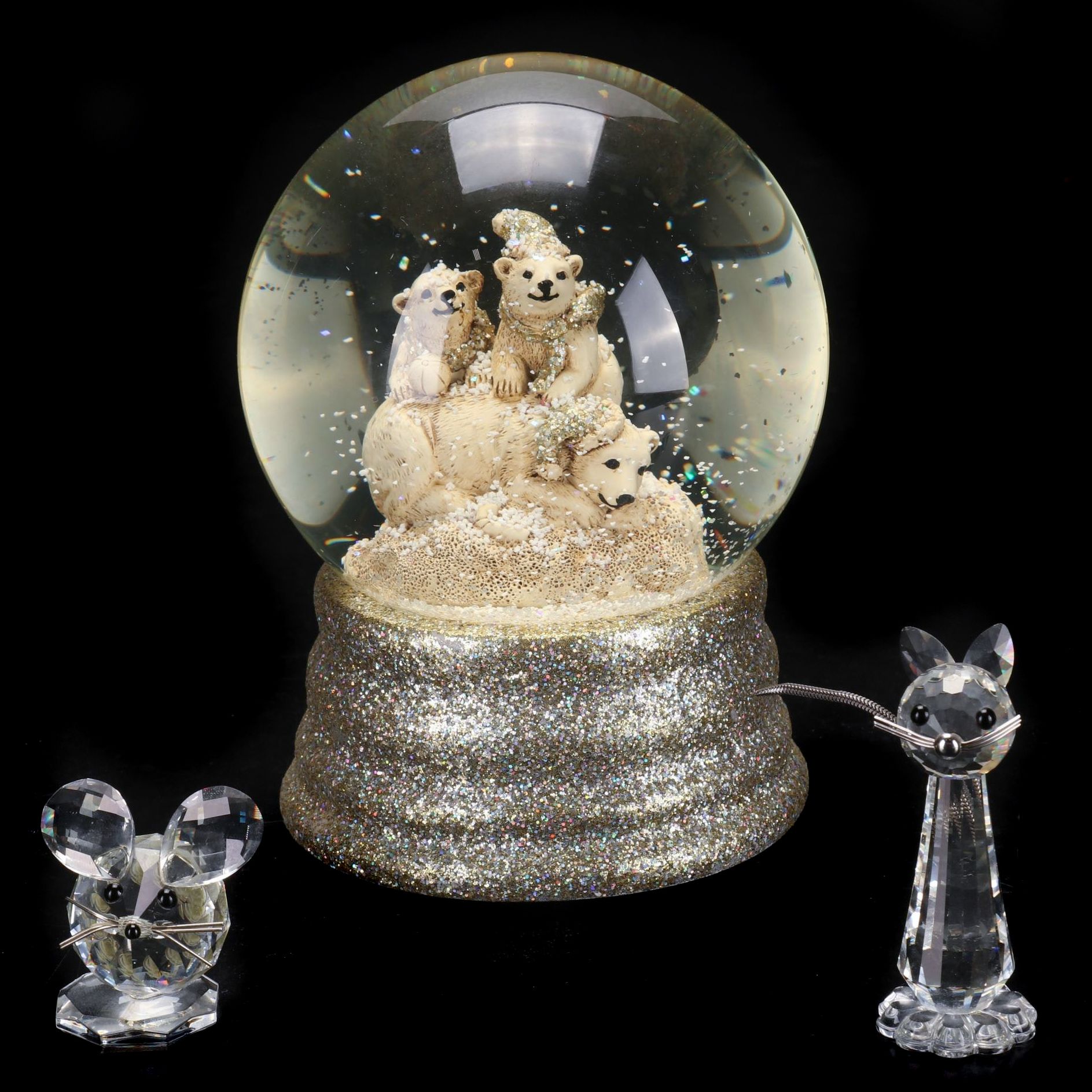 Swarovski Cat and Mouse Crystal Figurines with Polar Bear Musical Snow Globe
