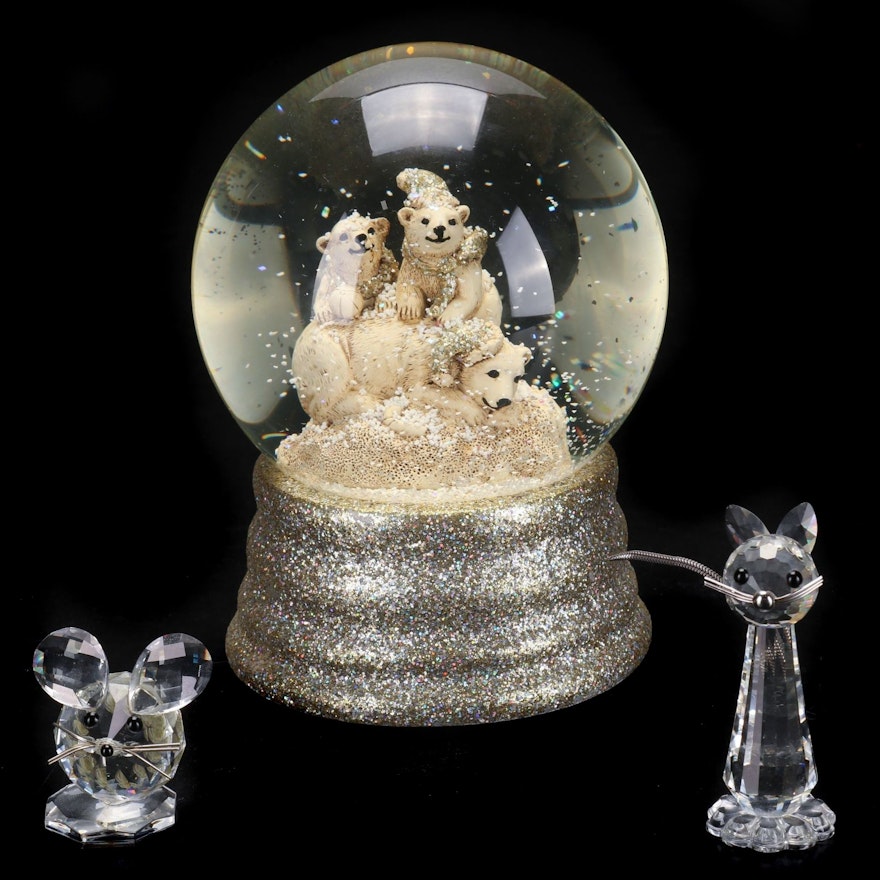 Swarovski Cat and Mouse Crystal Figurines with Polar Bear Musical Snow Globe