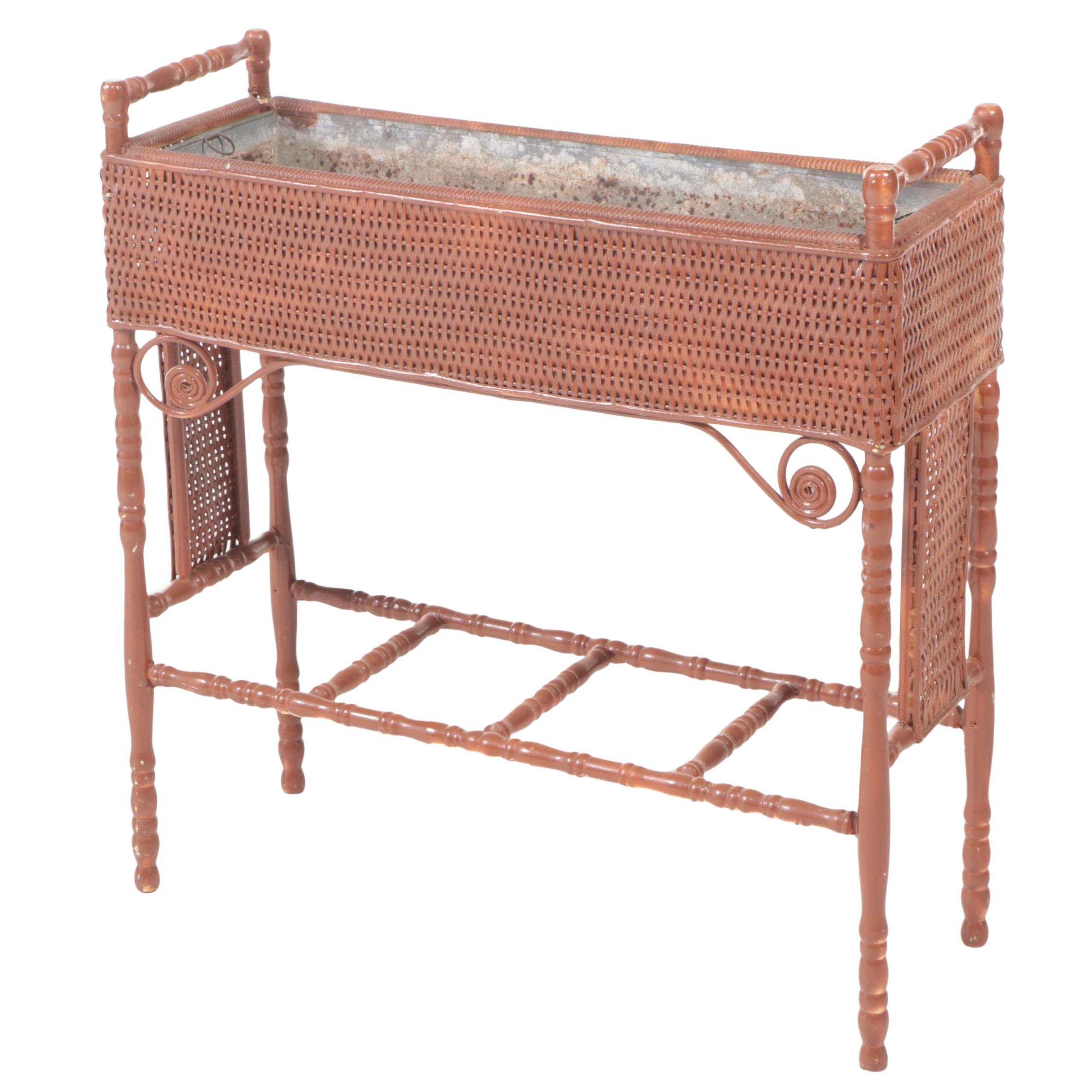 Painted Turned-Wood and Wicker Plant Stand with Metal Liner