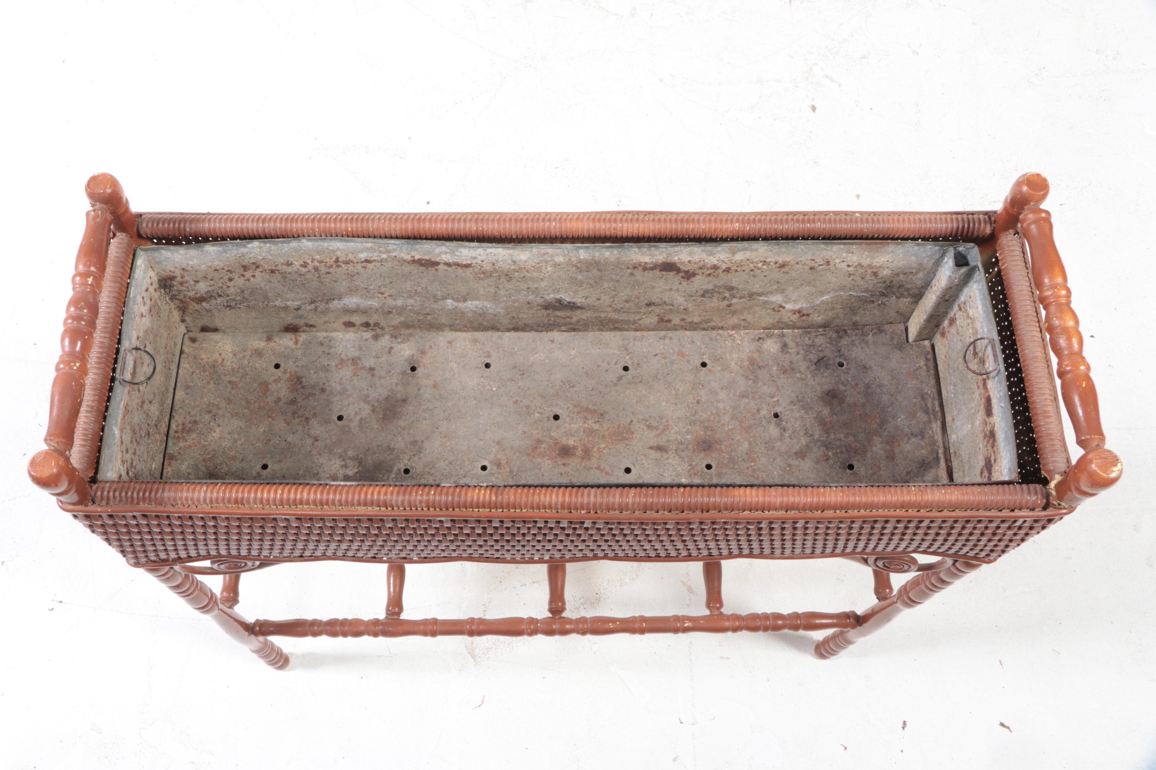 Painted Turned-Wood and Wicker Plant Stand with Metal Liner