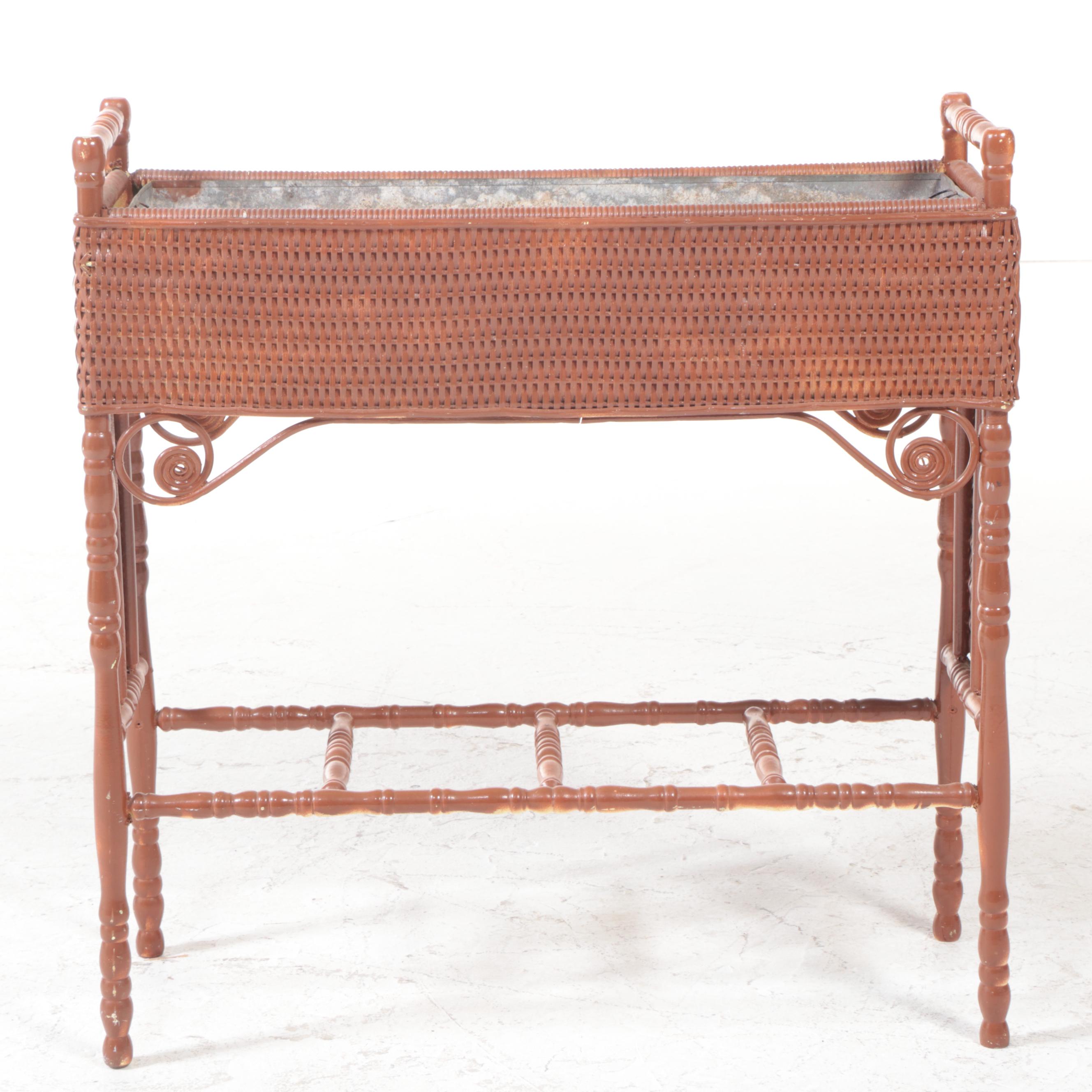 Painted Turned-Wood and Wicker Plant Stand with Metal Liner