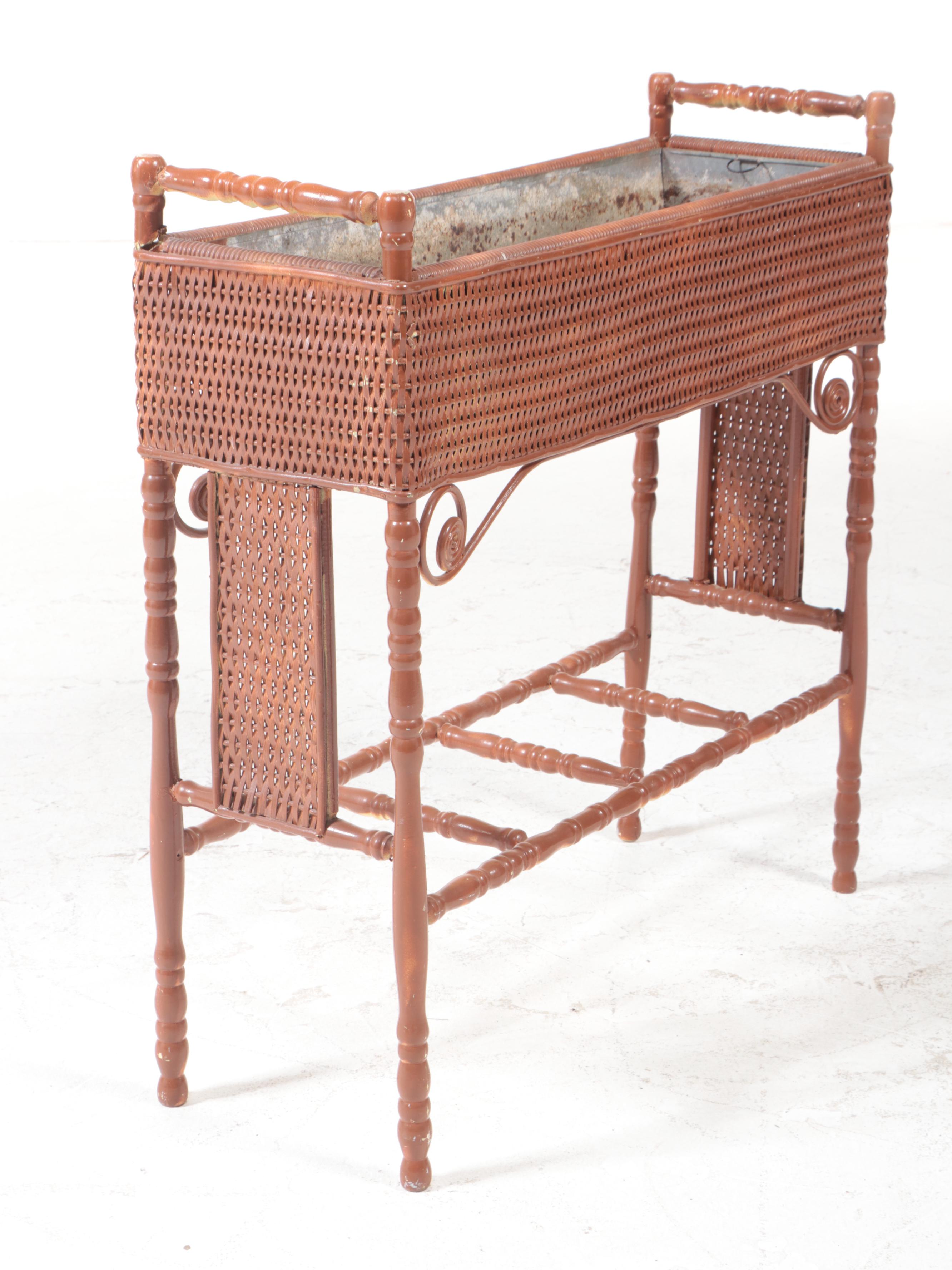 Painted Turned-Wood and Wicker Plant Stand with Metal Liner