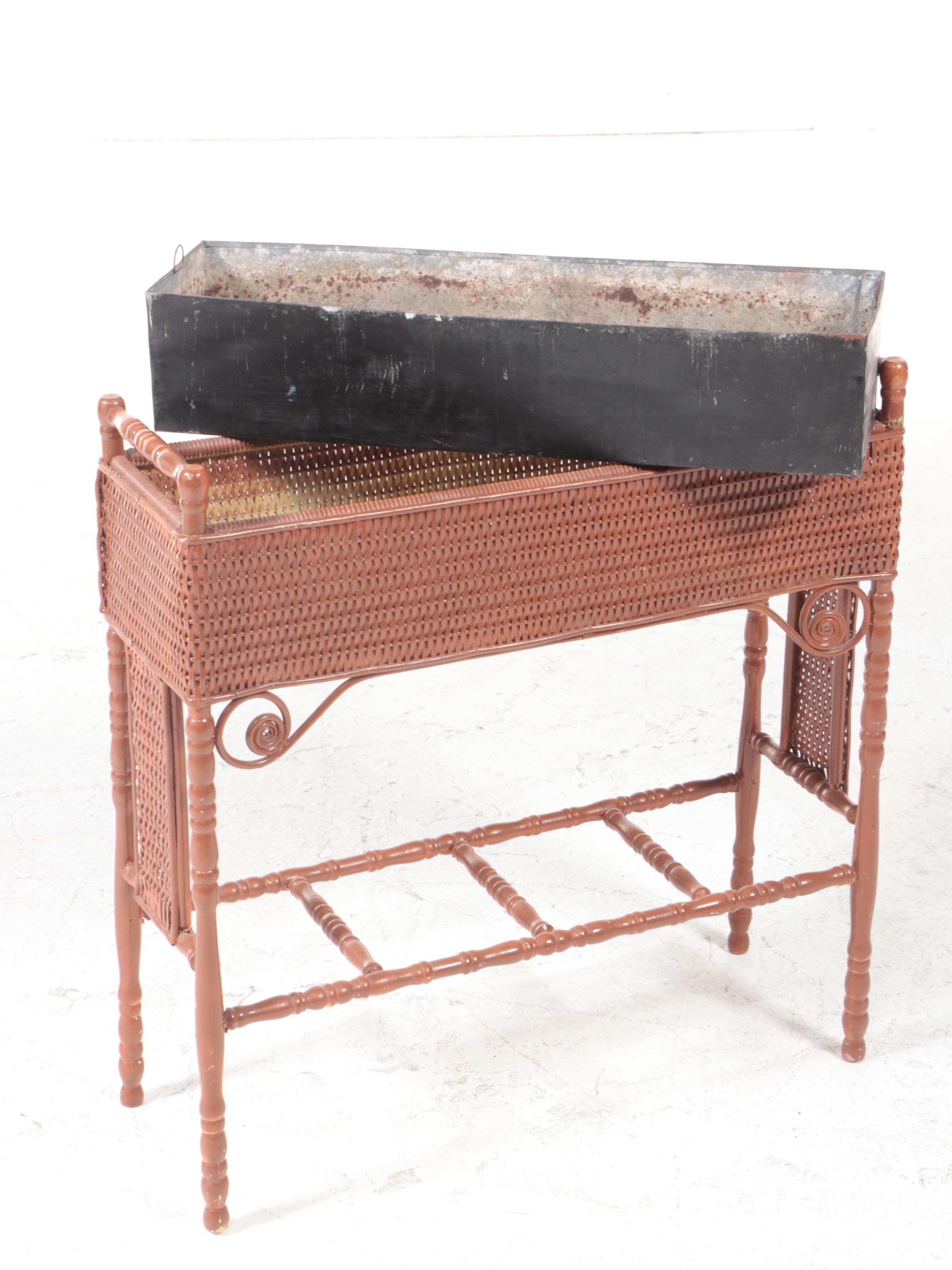 Painted Turned-Wood and Wicker Plant Stand with Metal Liner