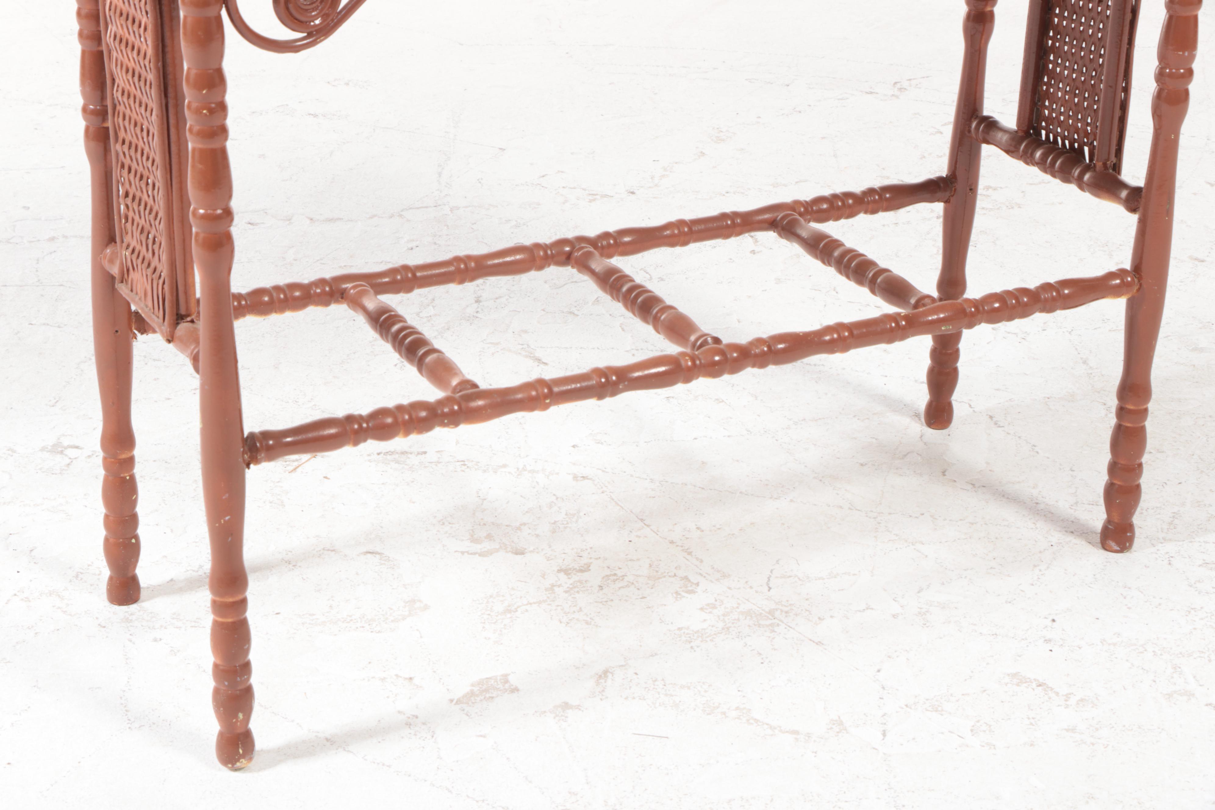 Painted Turned-Wood and Wicker Plant Stand with Metal Liner