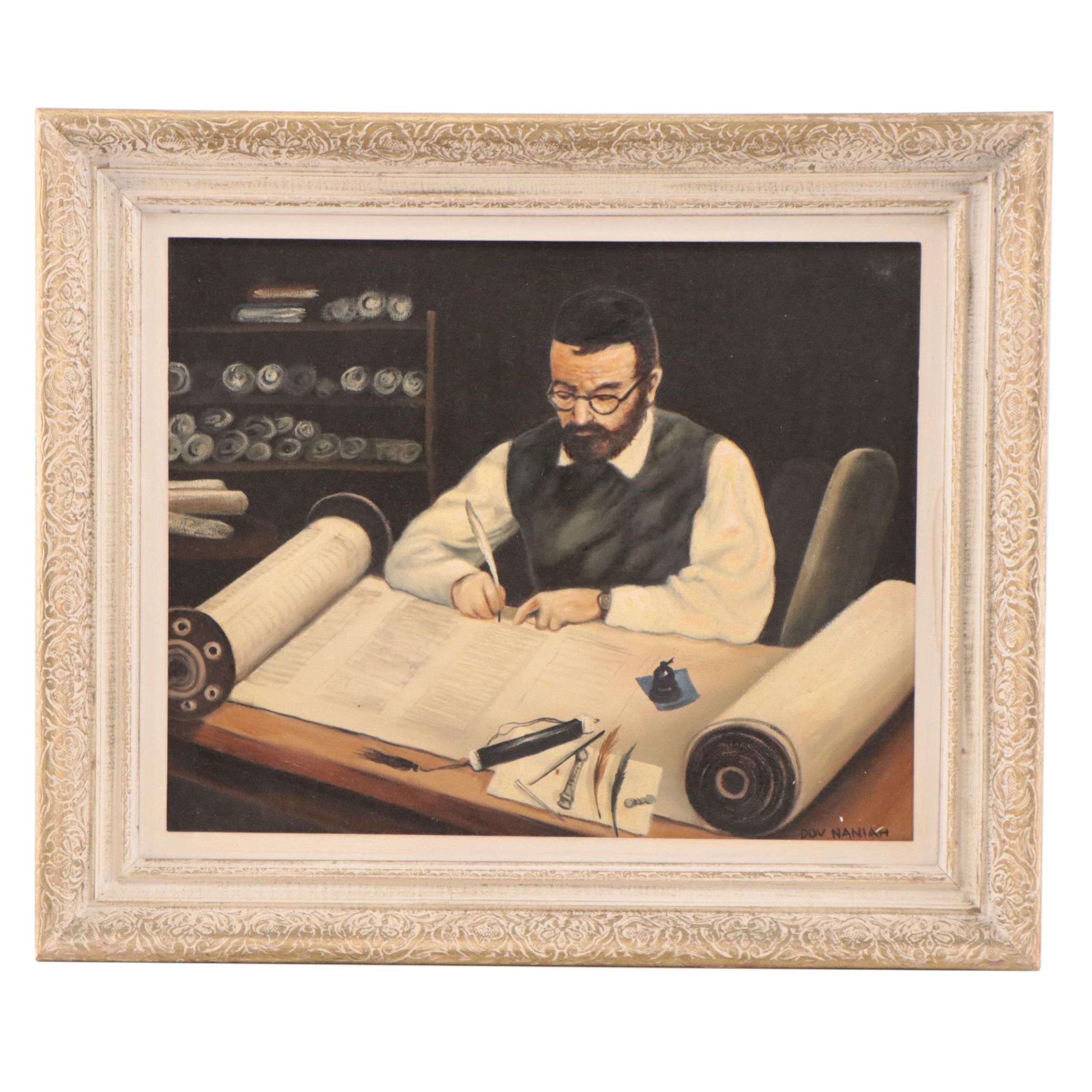Dov Naniah Figural Oil Painting of a Sofer, Late 20th Century