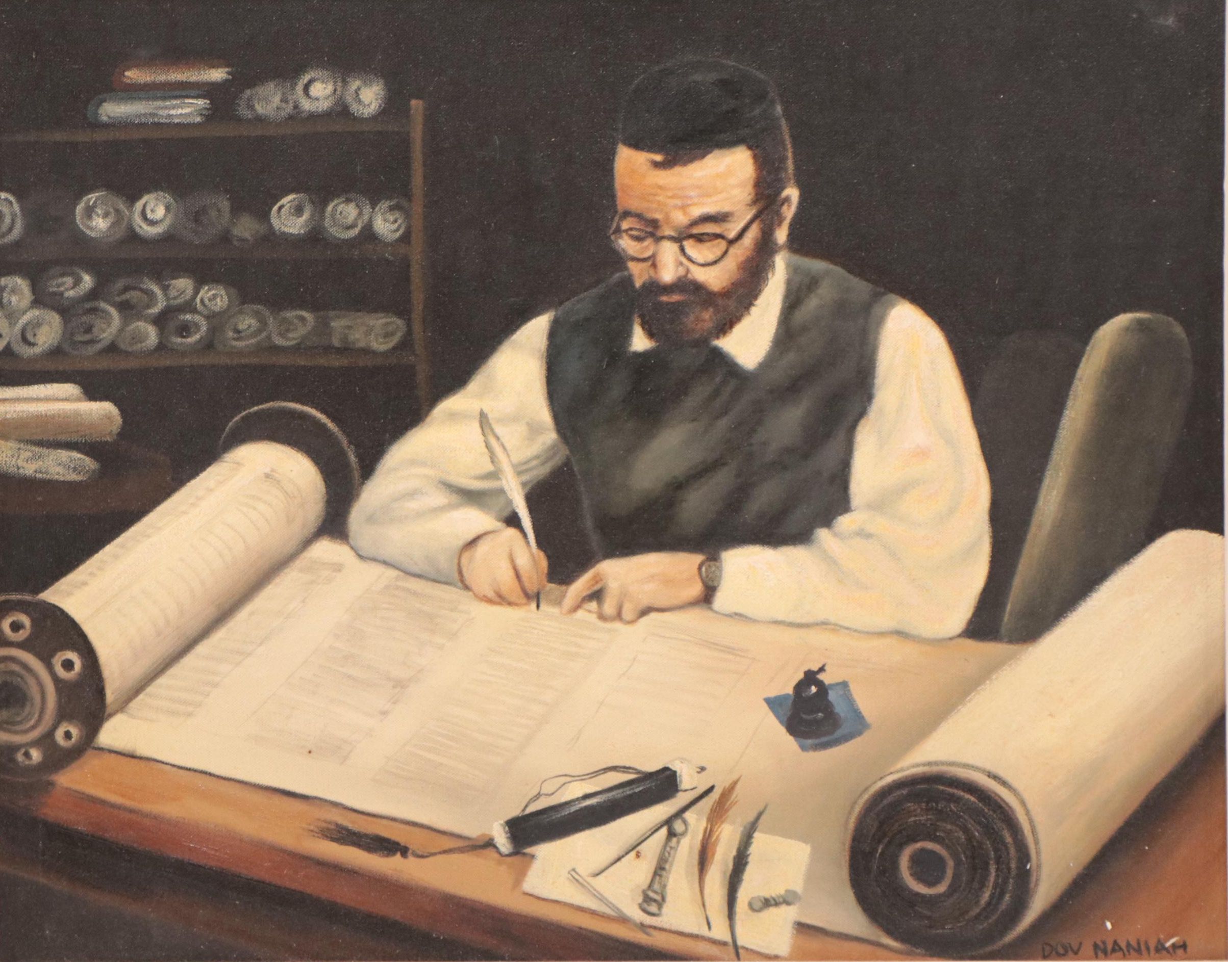 Dov Naniah Figural Oil Painting of a Sofer, Late 20th Century