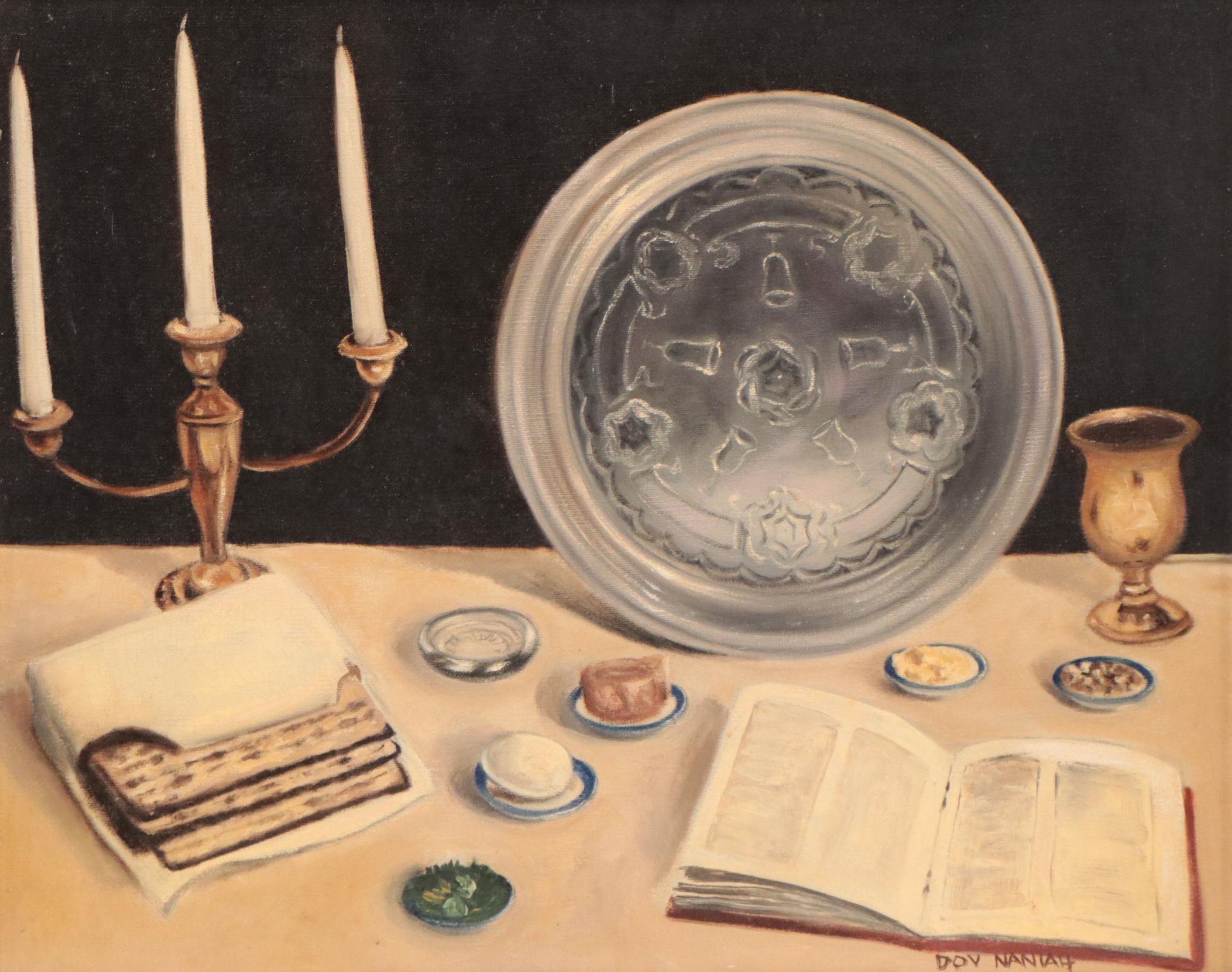 Dov Naniah Oil Painting of a Passover Table, Late 20th Century