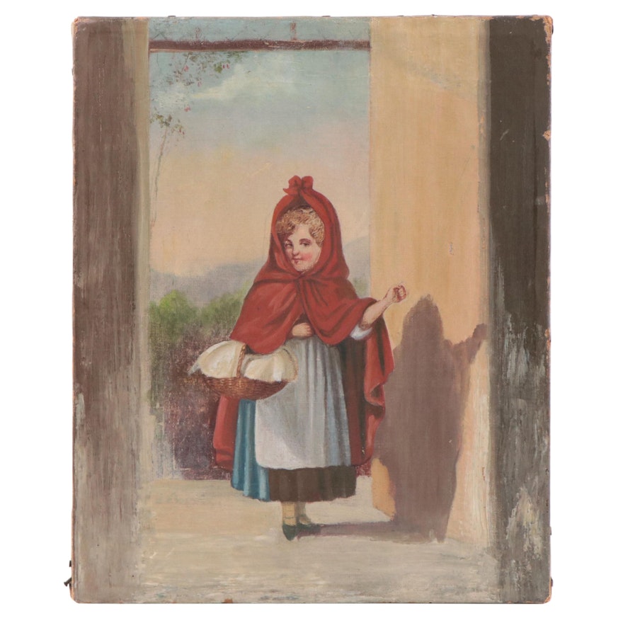 American Folk Art Oil Painting of Little Red Riding Hood, 1868-1874