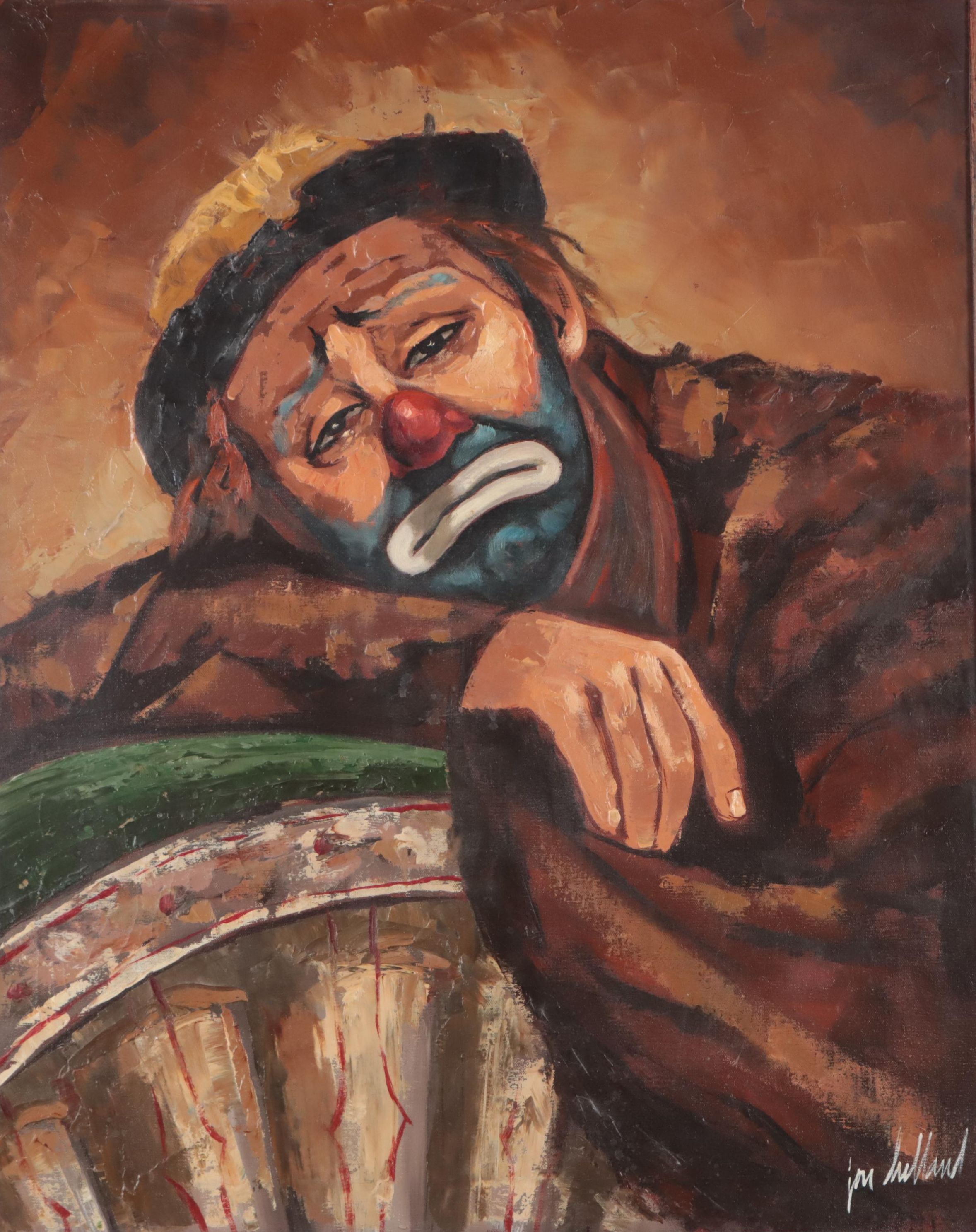 Jon Holland Portrait Oil Painting of Sad Clown, Late 20th Century