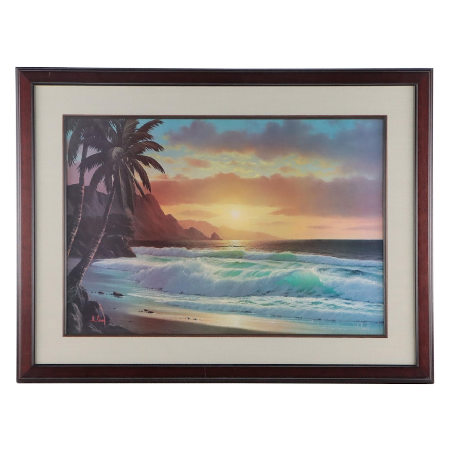 Anthony Casay Offset Lithograph of Tropical Coast, Late 20th Century