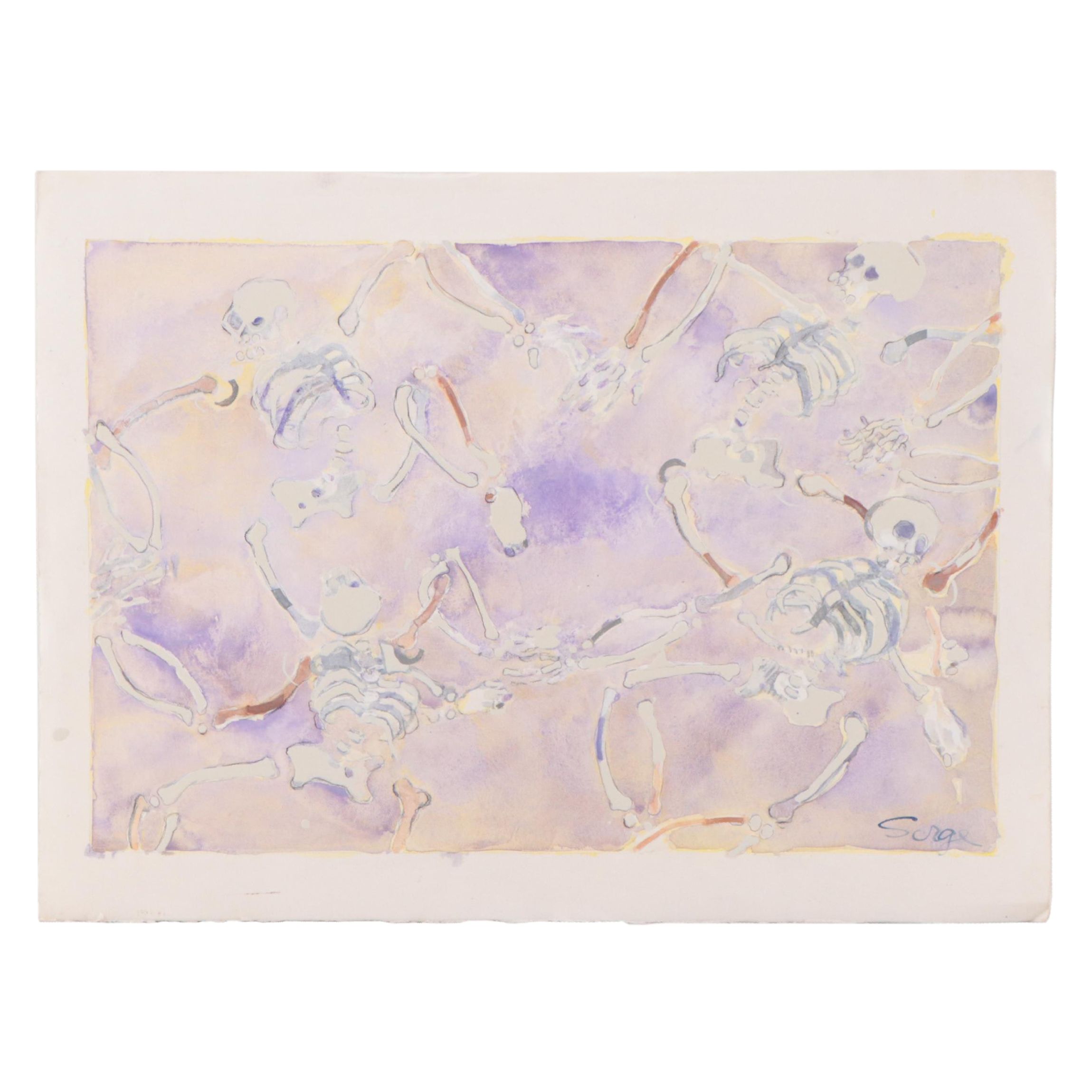 Walter Sorge Watercolor Painting of Skeletons, Circa 1980