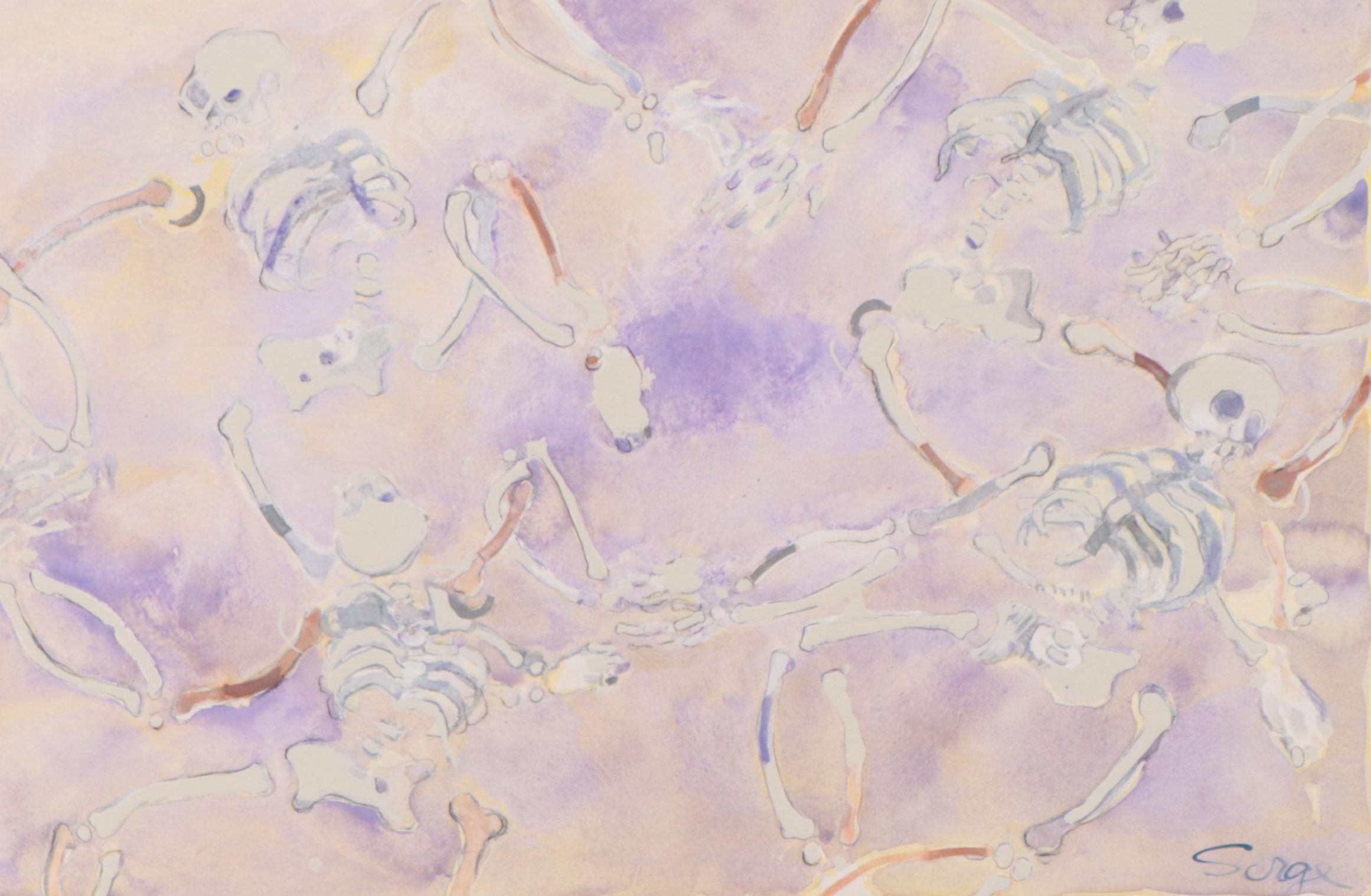 Walter Sorge Watercolor Painting of Skeletons, Circa 1980