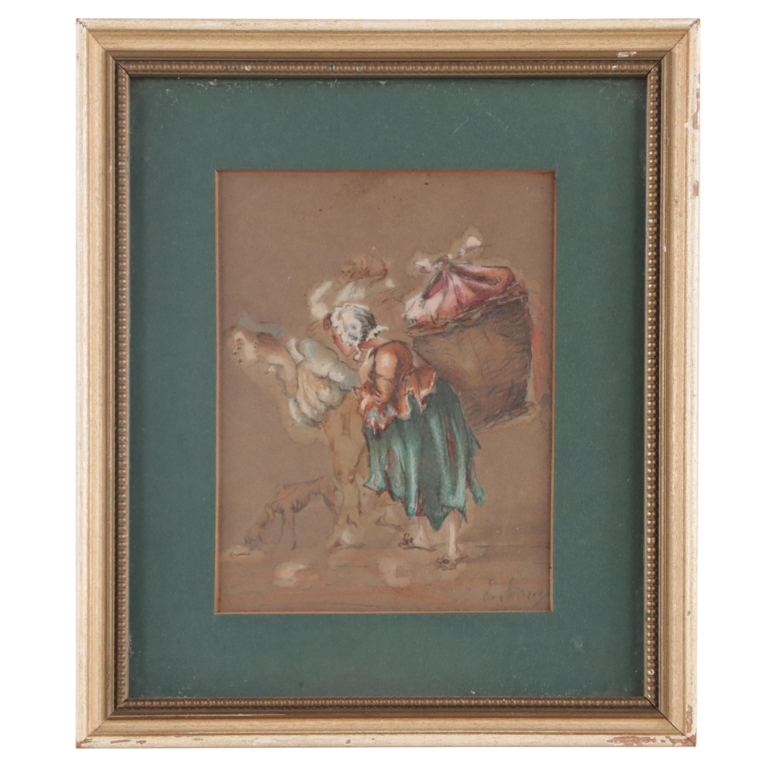 Watercolor Painting of Figures Carrying Packs