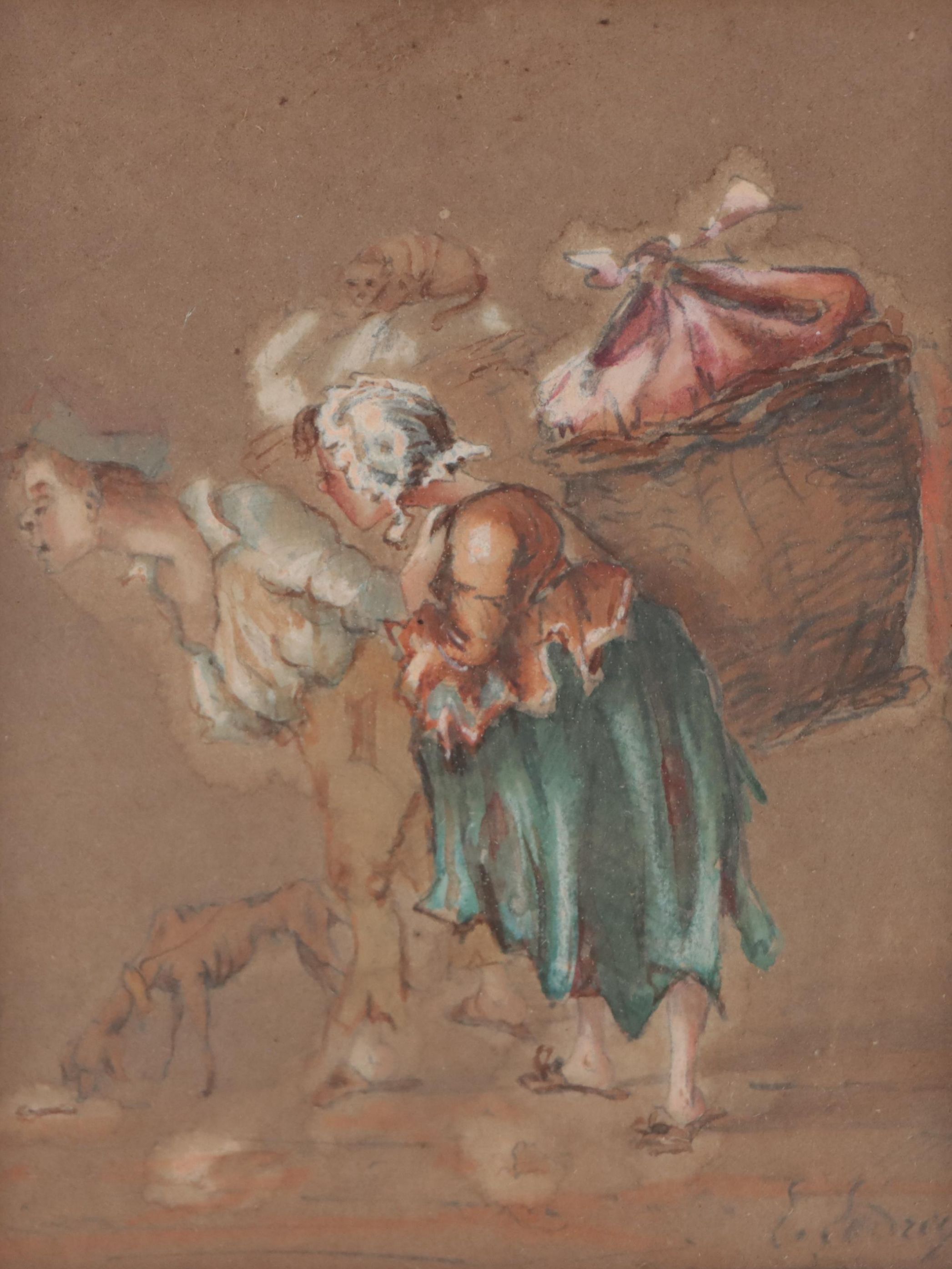 Watercolor Painting of Figures Carrying Packs