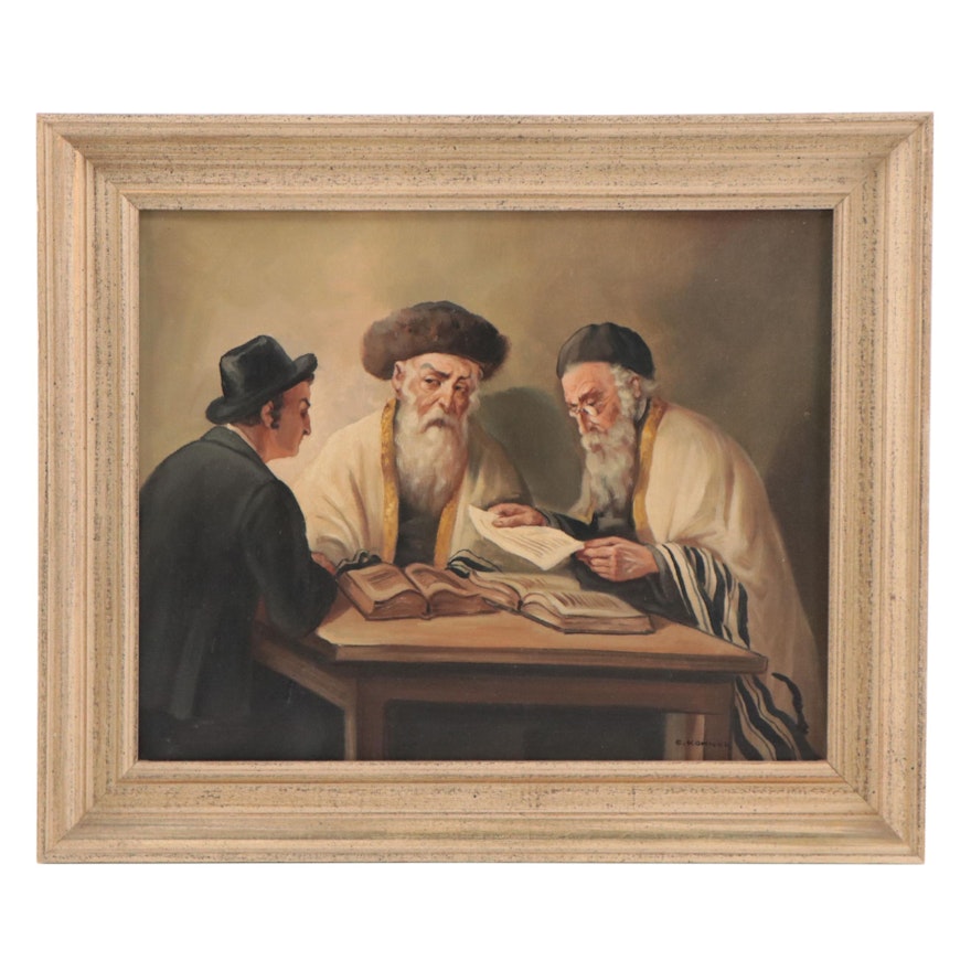 E. Kohner Oil Painting of Jewish Scholars, Late 20th Century