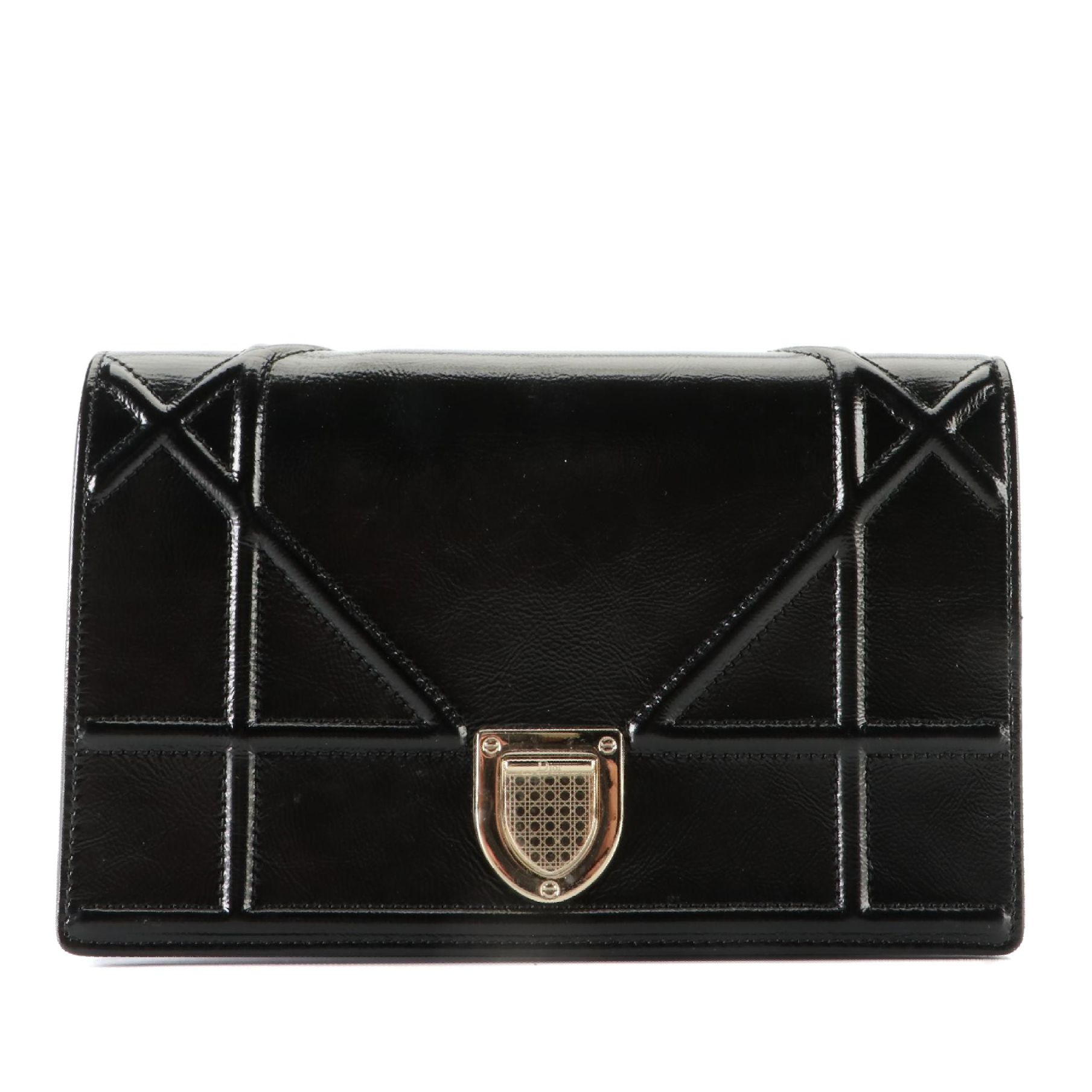 Christian Dior Diorama Wallet on Chain in Black Textured Patent Leather