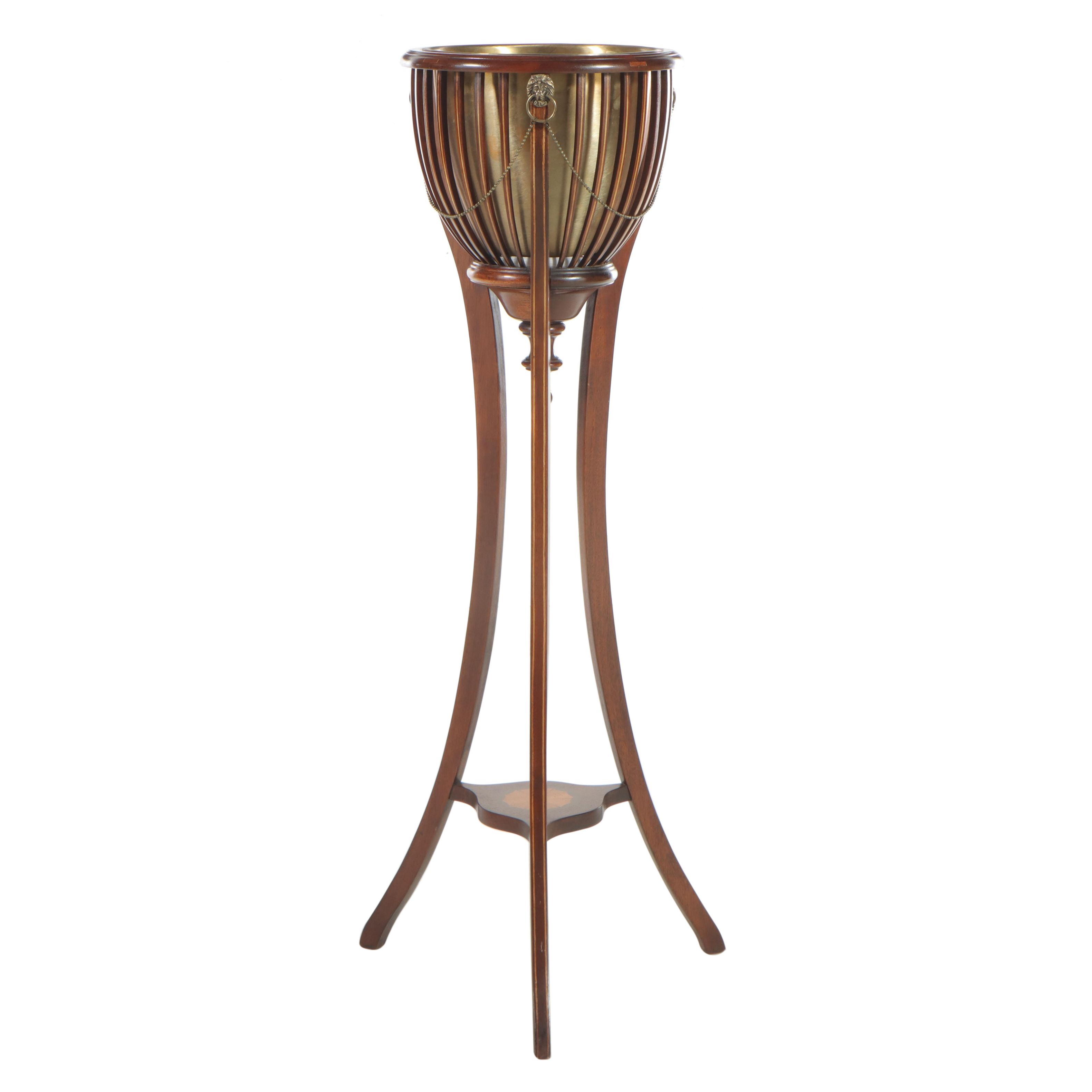 Regency Style Mahogany, Marquetry, and Brass Jardinière