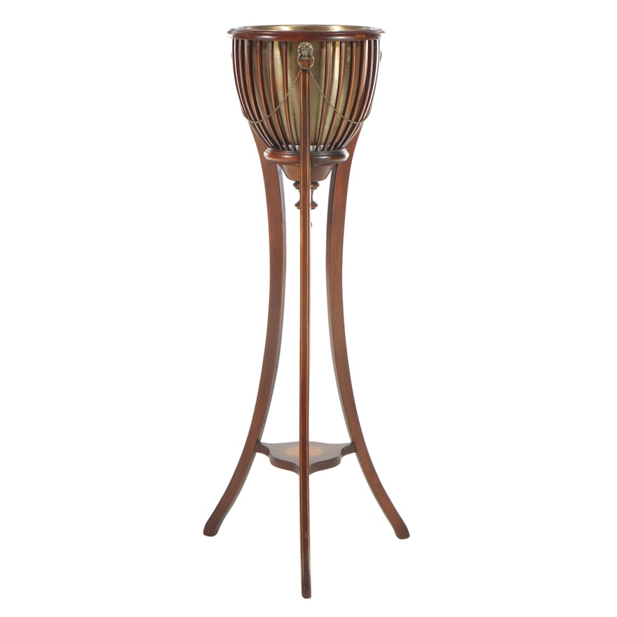 Regency Style Mahogany, Marquetry, and Brass Jardinière